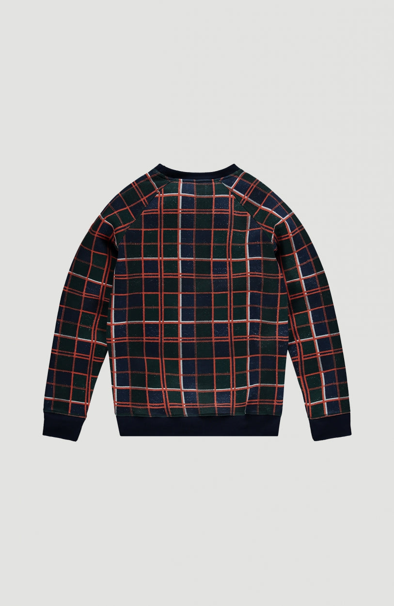 Diversity All Sweatshirt für Jungen, blau mit Karomuster in Orange, flach liegend von hinten, Raglannähte