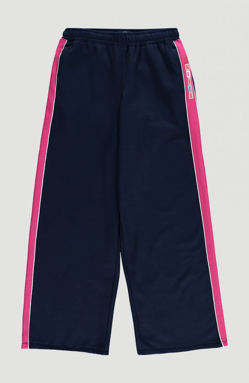 O'Neill Straight Sweatpants für Mädchen, blau, flach liegend von vorne mit rosa Streifen am Hosenbein