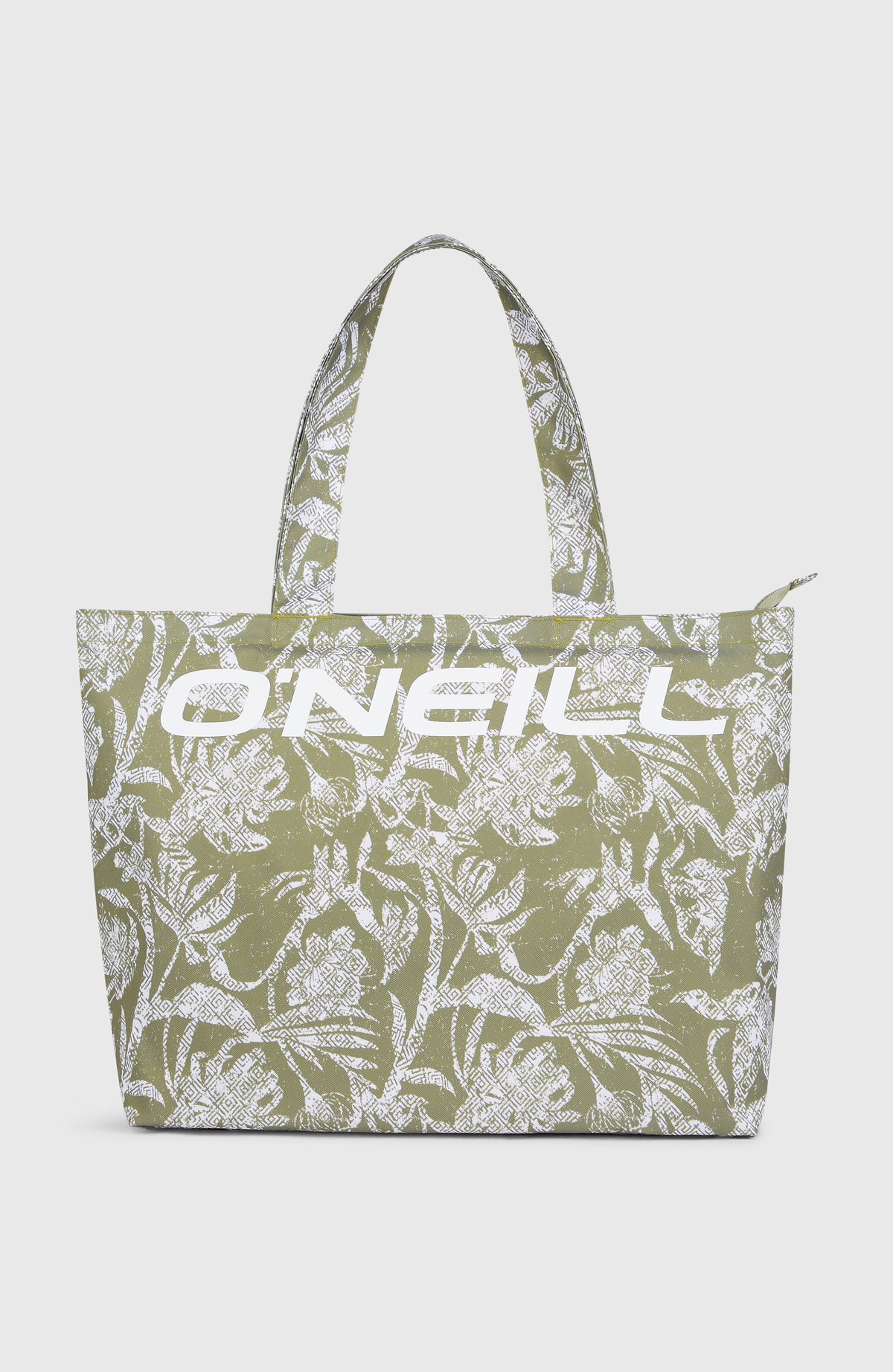 O'Neill Coastal Print Tote Bag Tasche für Damen, grün mit Pflanzenmuster in Weiß, freigestellt von vorne