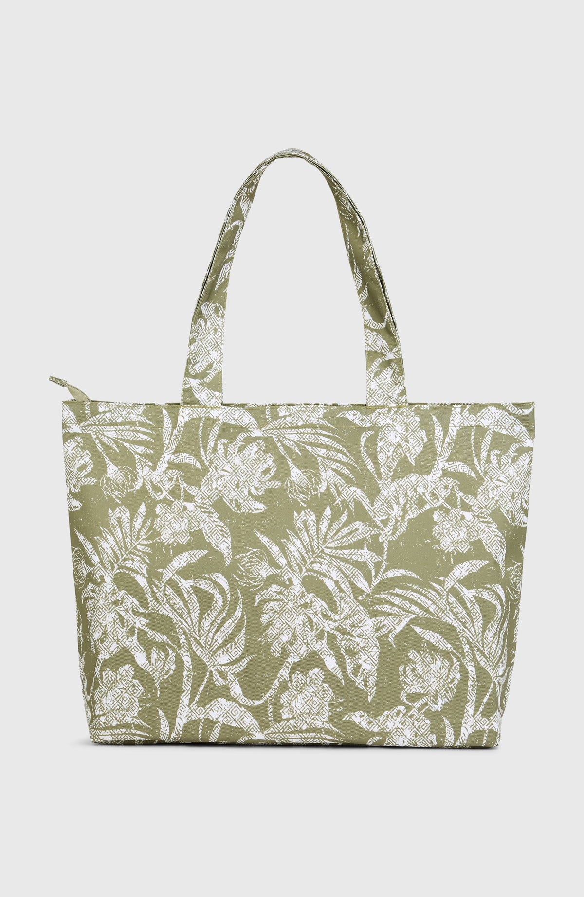 Coastal Print Tote Bag Tasche für Damen, grün mit Pflanzenmuster in Weiß, freigestellt von hinten