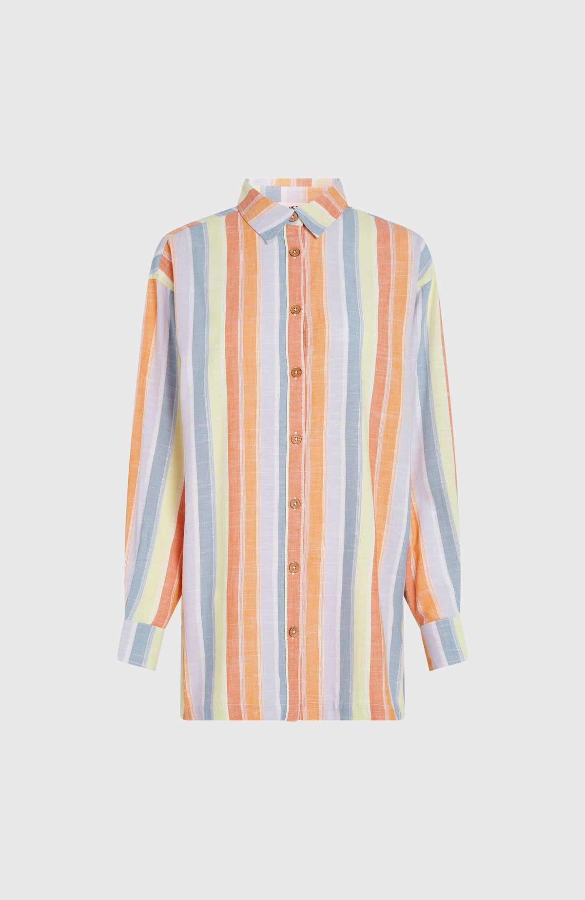 Beach Vintage Longbluse für Damen, gelb mit Streifenmuster in Orange und Blau, freigestellt von vorne mit Knopfleiste