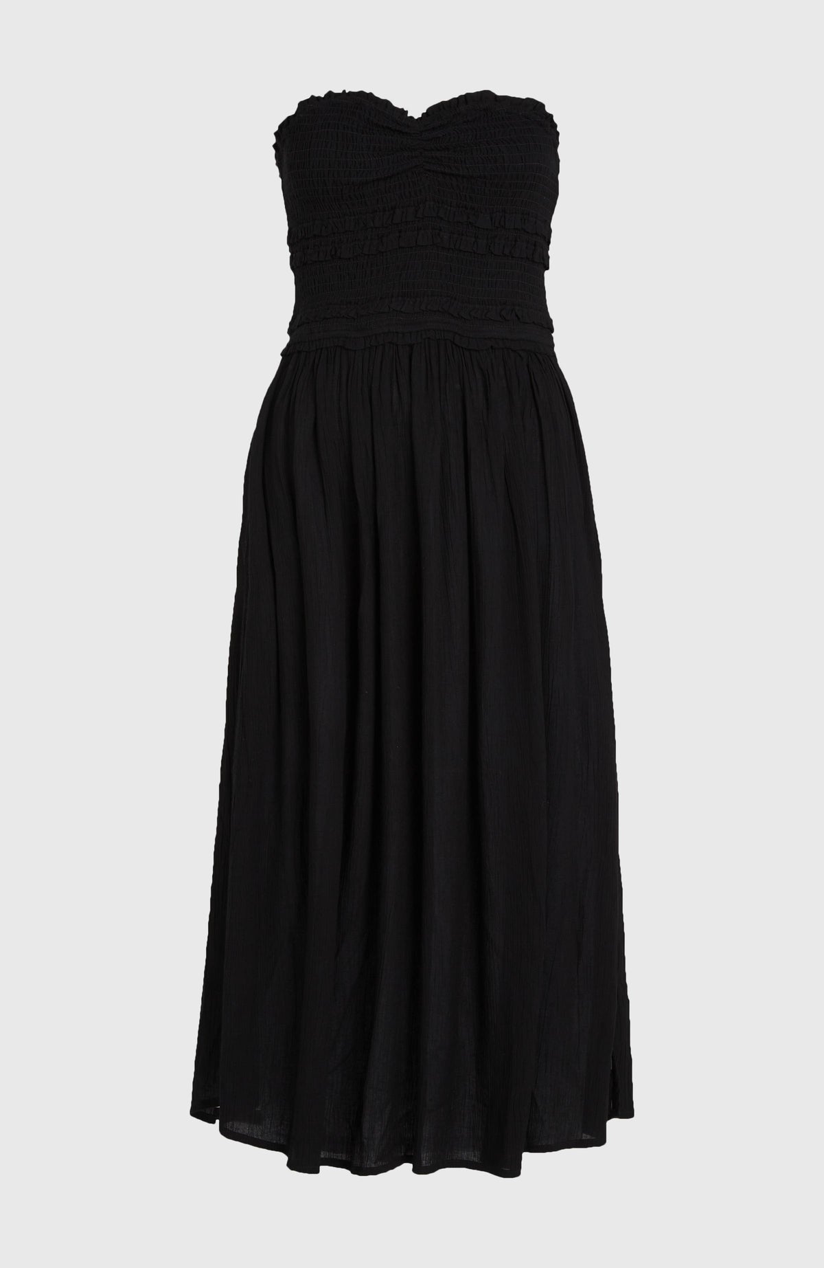 Devyn Midikleid für Damen, schwarz, freigestellt von vorne mit gerafftem Oberteil