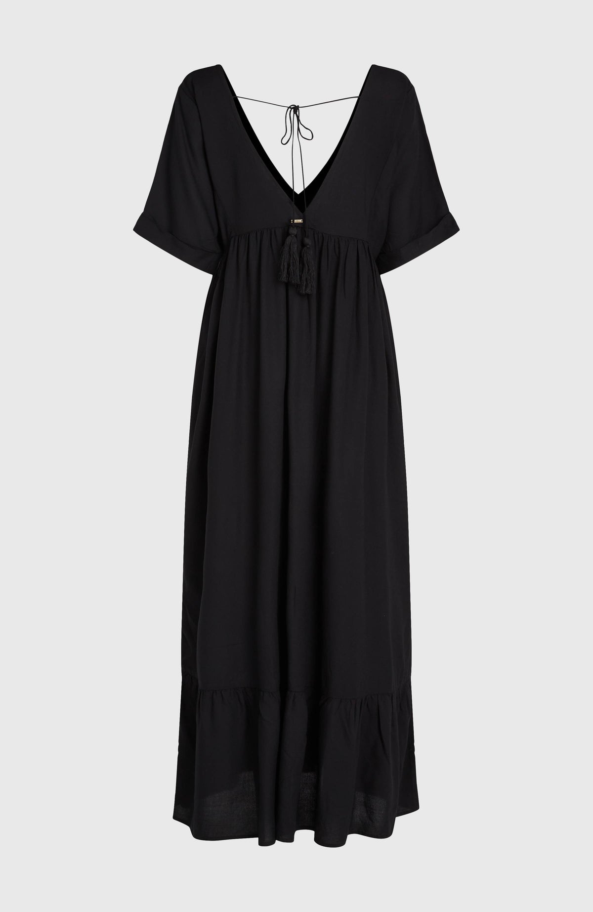 Schwarzes Women of the Wave Maxikleid für Damen, freigestellt von hinten mit Bindeband und feinen Quasten