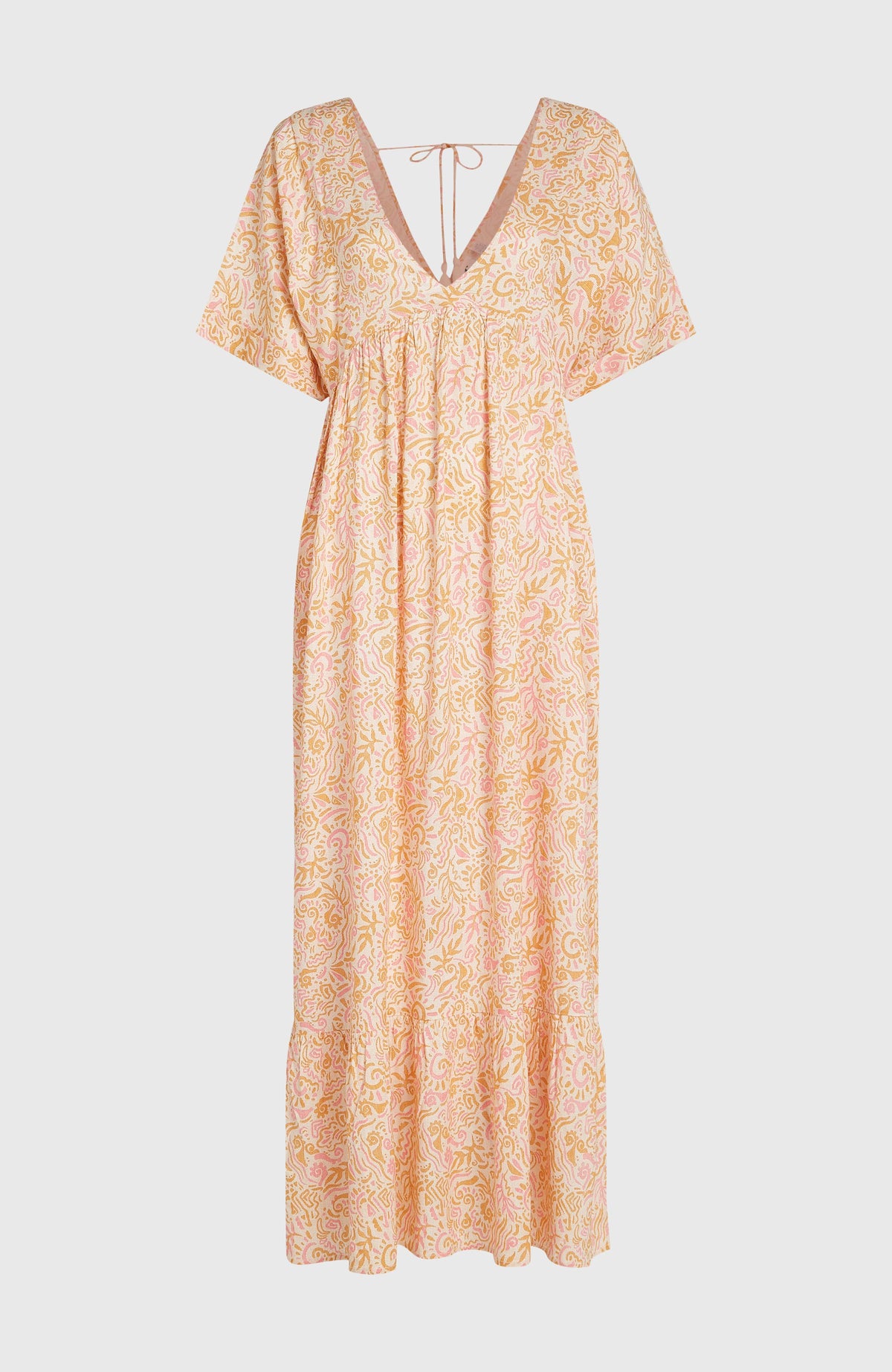 Women of the Wave Maxikleid für Damen, weiß mit Wellenmuster in Gelb und Rosa, freigestellt von vorne, V-Ausschnitt