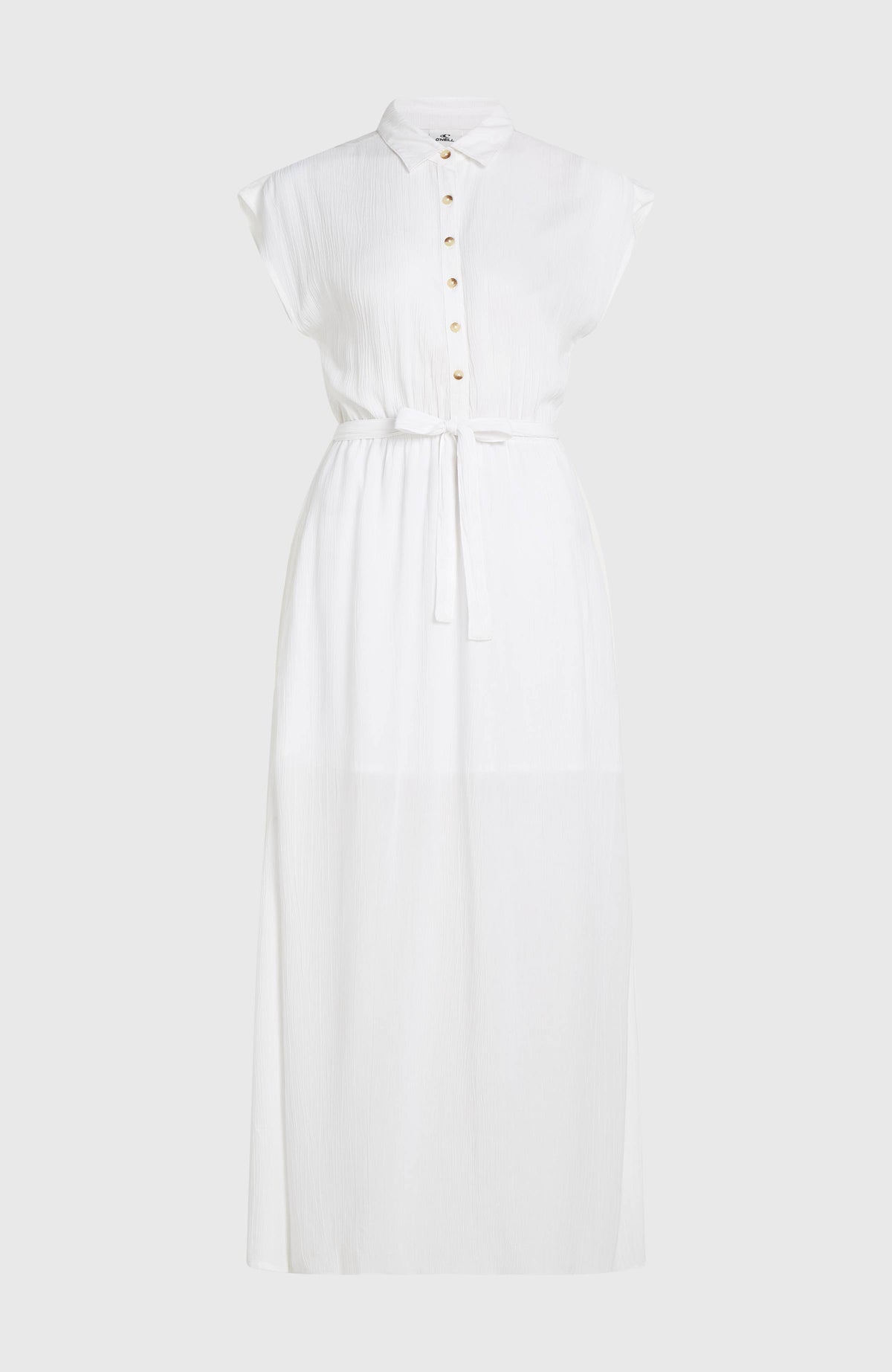 Lori Maxi-Hemdkleid für Damen, weiß, freigestellt von vorne mit Knopfleiste und Bindeband
