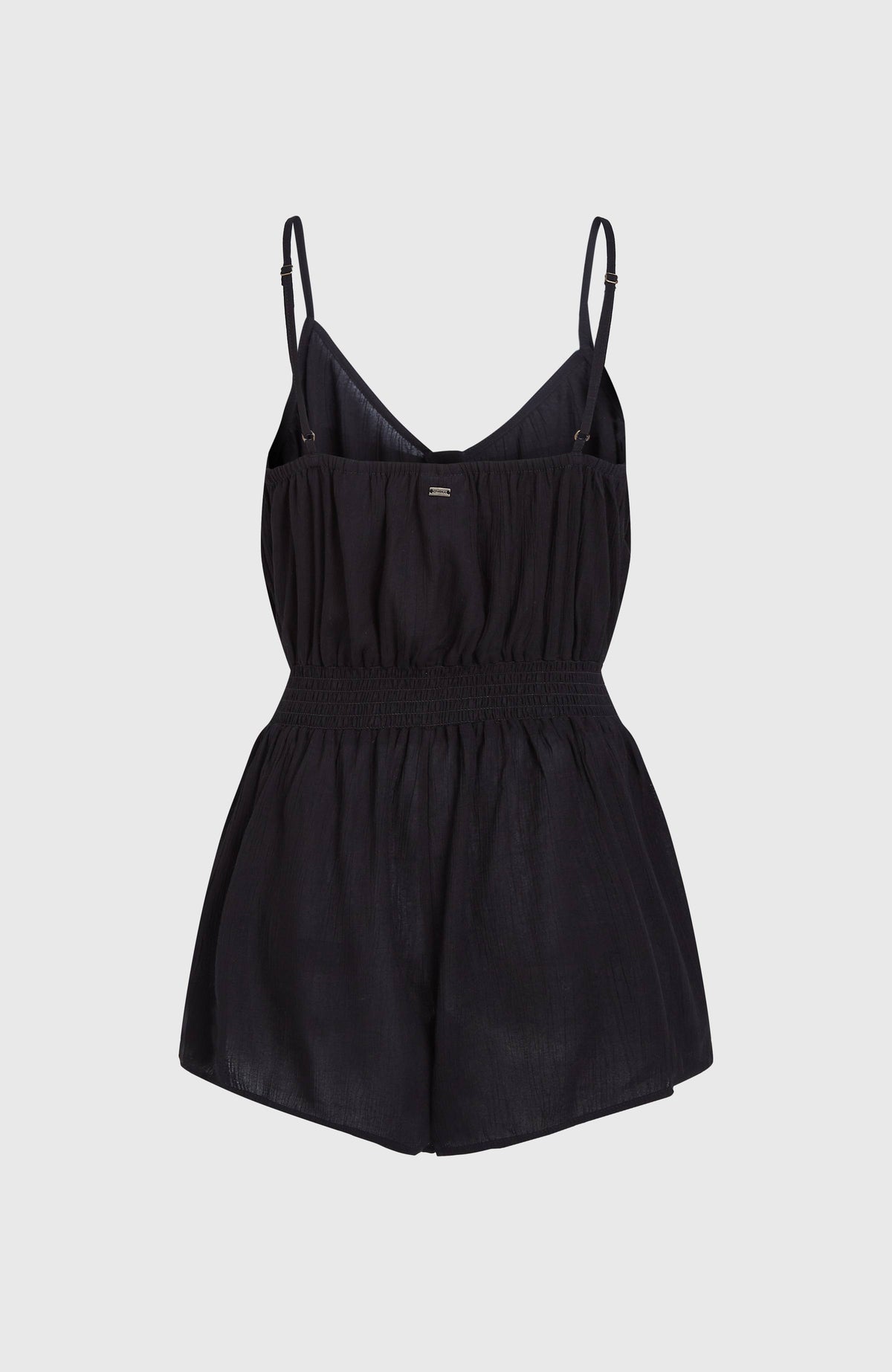 Romper mit Knöpfen und schmalen Trägern für Damen, schwarz, freigestellt von hinten
