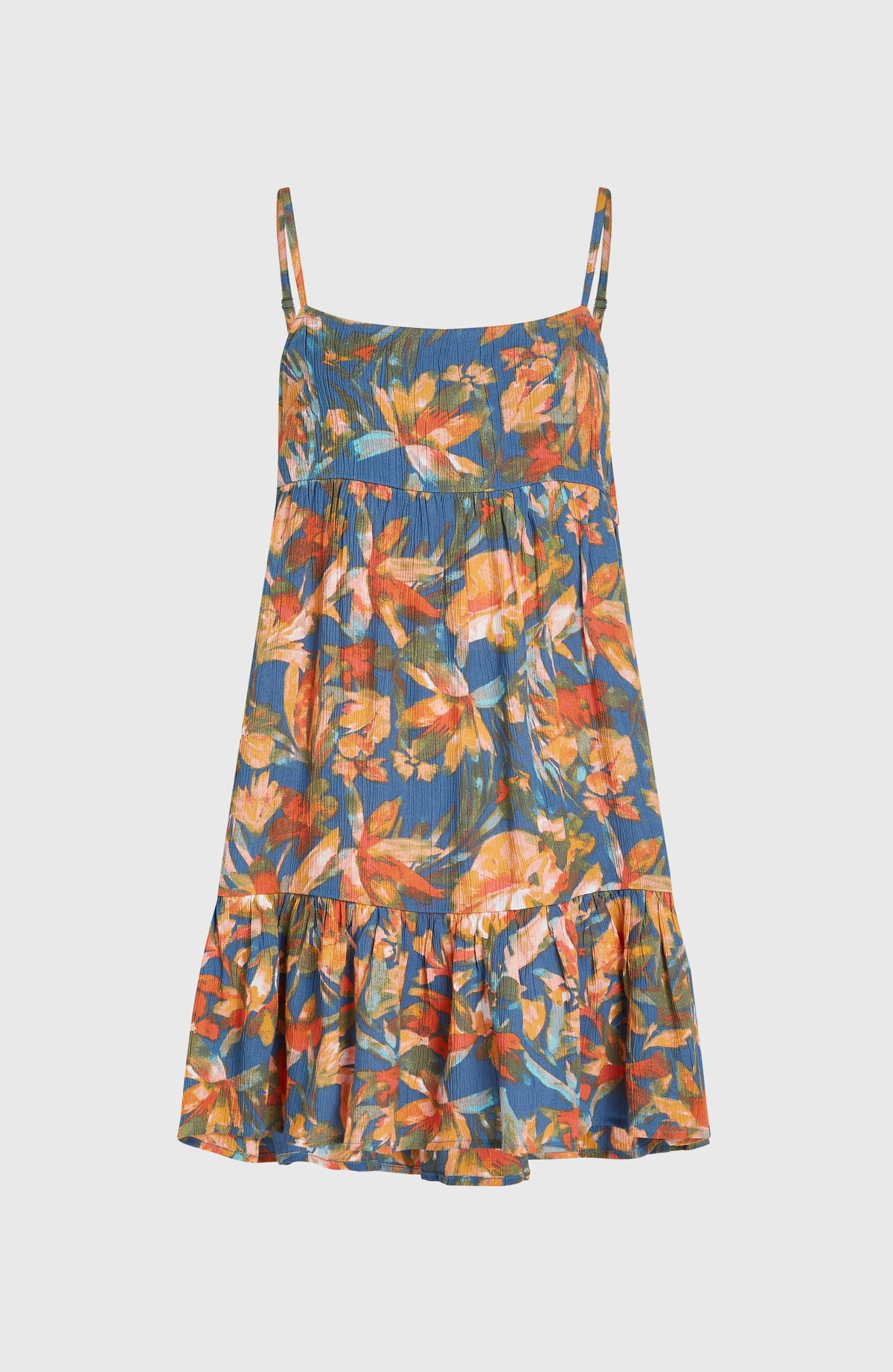 Rilee Kurzkleid für Damen, blau mit Blumenmuster in Orange, freigestellt von vorne