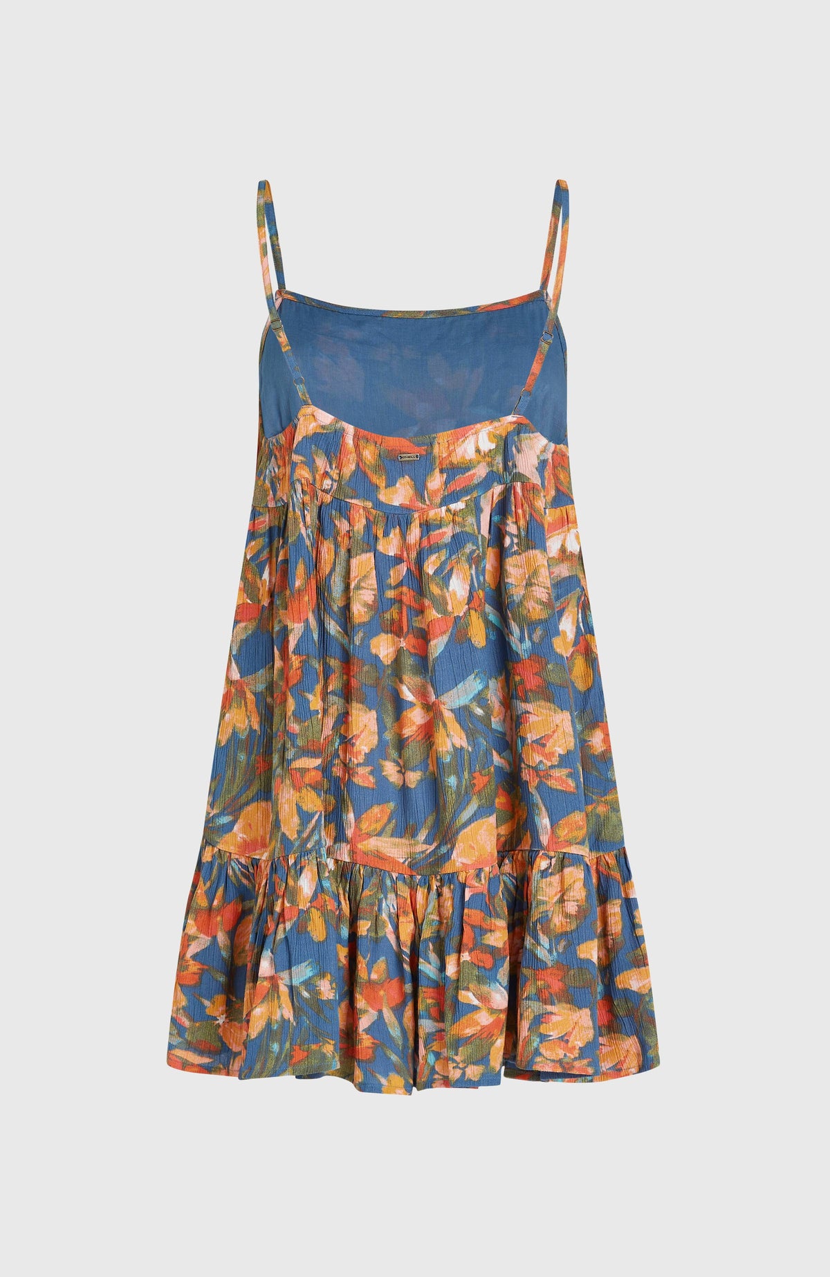 Rilee Kurzkleid für Damen, blau mit Blumenmuster in Orange, freigestellt von hinten