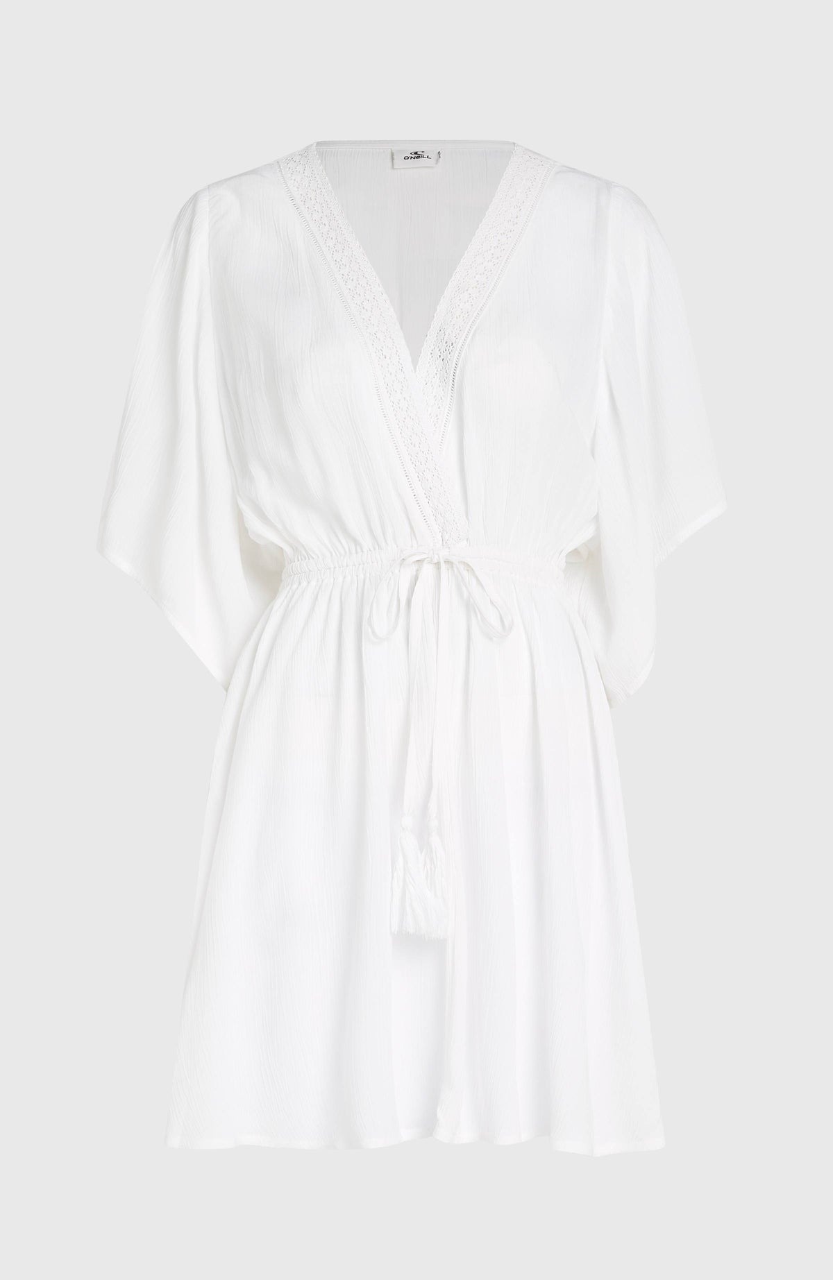 Essentials Cover Up Kleid für Damen, weiß, freigestellt von vorne mit tiefem V-Ausschnitt und Kordelzug
