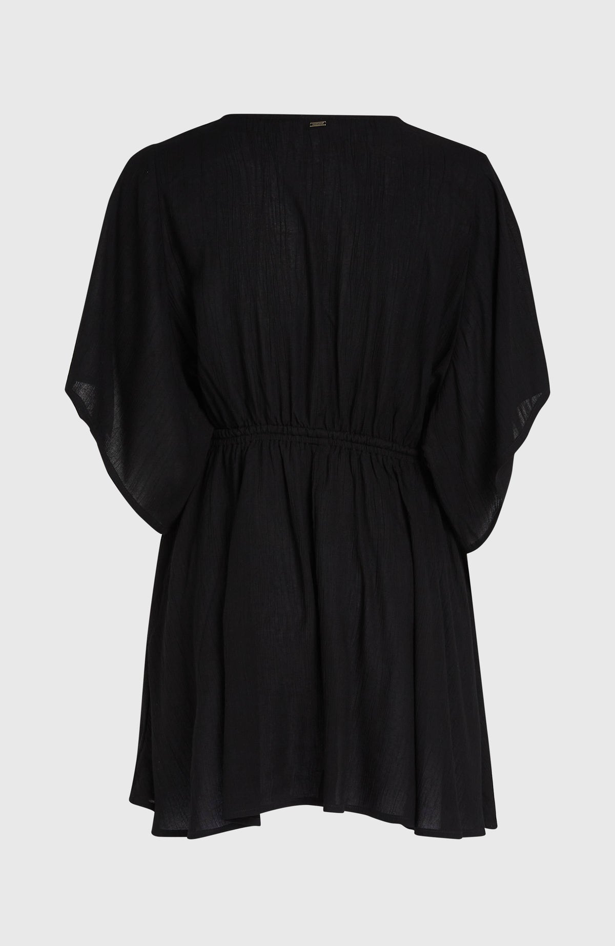 Essentials Cover Up Kleid für Damen, schwarz, freigestellt von hinten mit elastischem Taillenbund