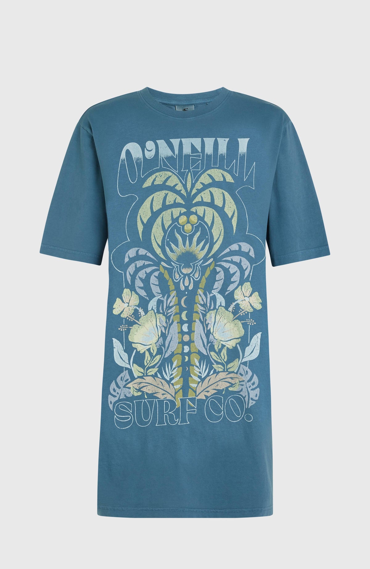 Beach Vintage T-Shirt-Kleid für Damen, blau mit Grafik-Print in Beige und Grün, freigestellt von vorne