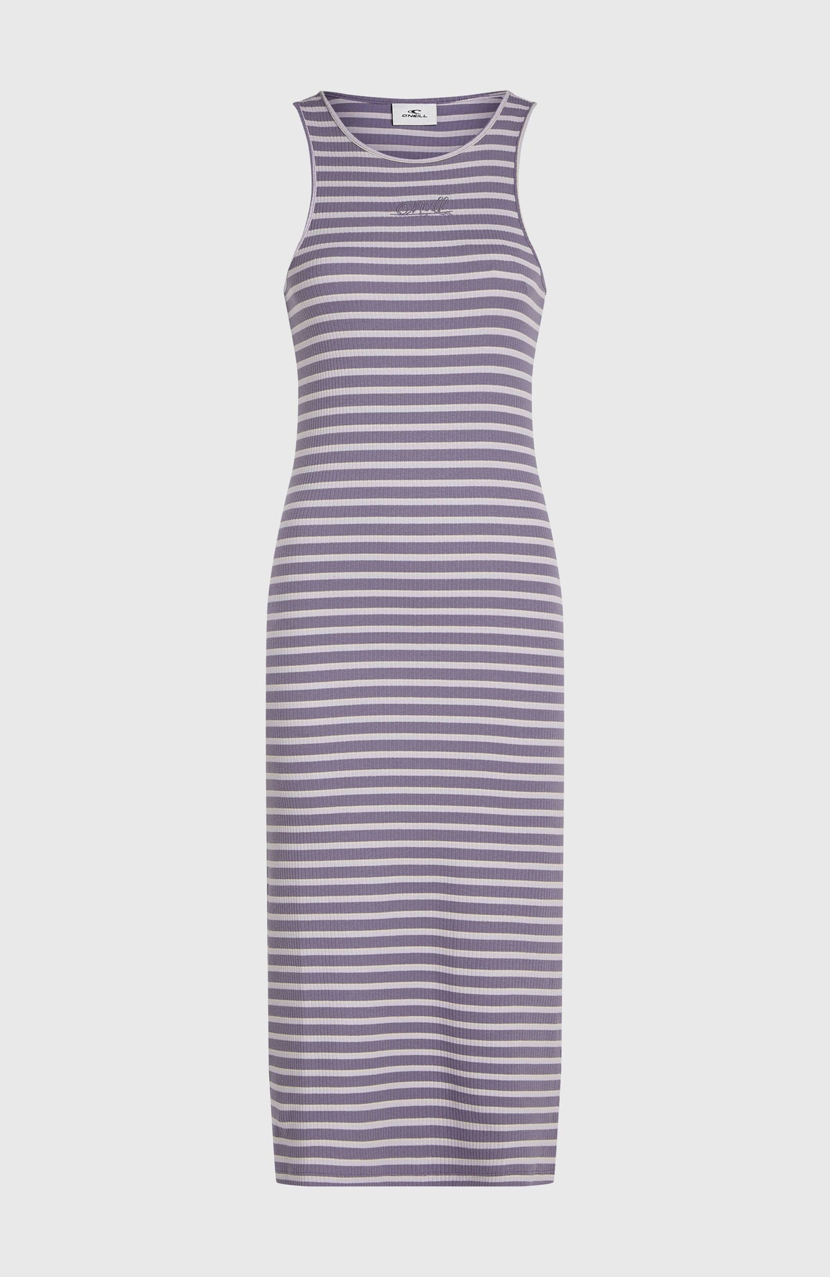Jess Midi-Rippkleid für Damen, lila mit Streifenmuster in Weiß, freigestellt von vorne