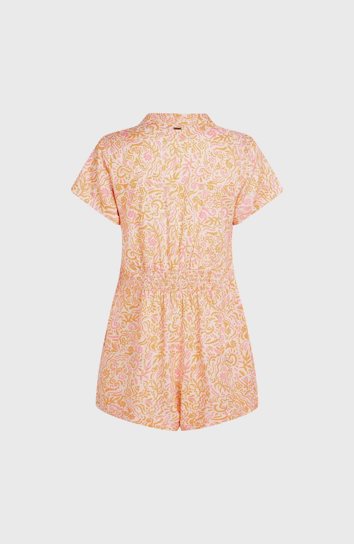 Women of the Wave Romper Jumpsuit für Damen, weiß mit Wellenmuster in Gelb und Rosa, Rückansicht, freigestellt