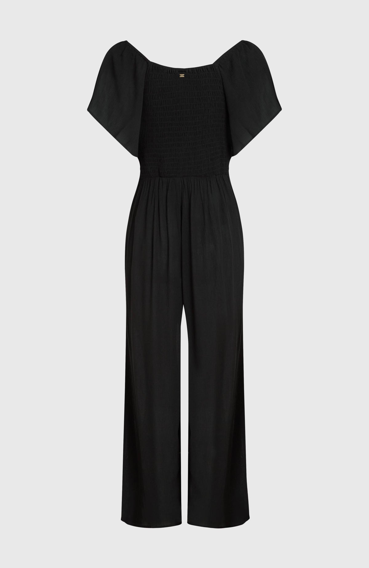Kesia Jumpsuit für Damen, schwarz, flach liegend von hinten mit gesmoktem Rücken