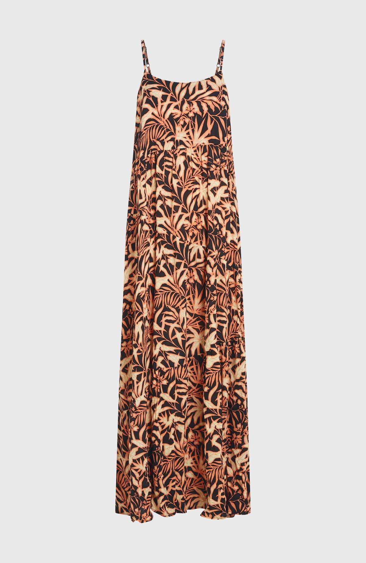 Devyn Maxikleid für Damen, schwarz mit Blättermuster in Orange und Beige, freigestellt von vorne