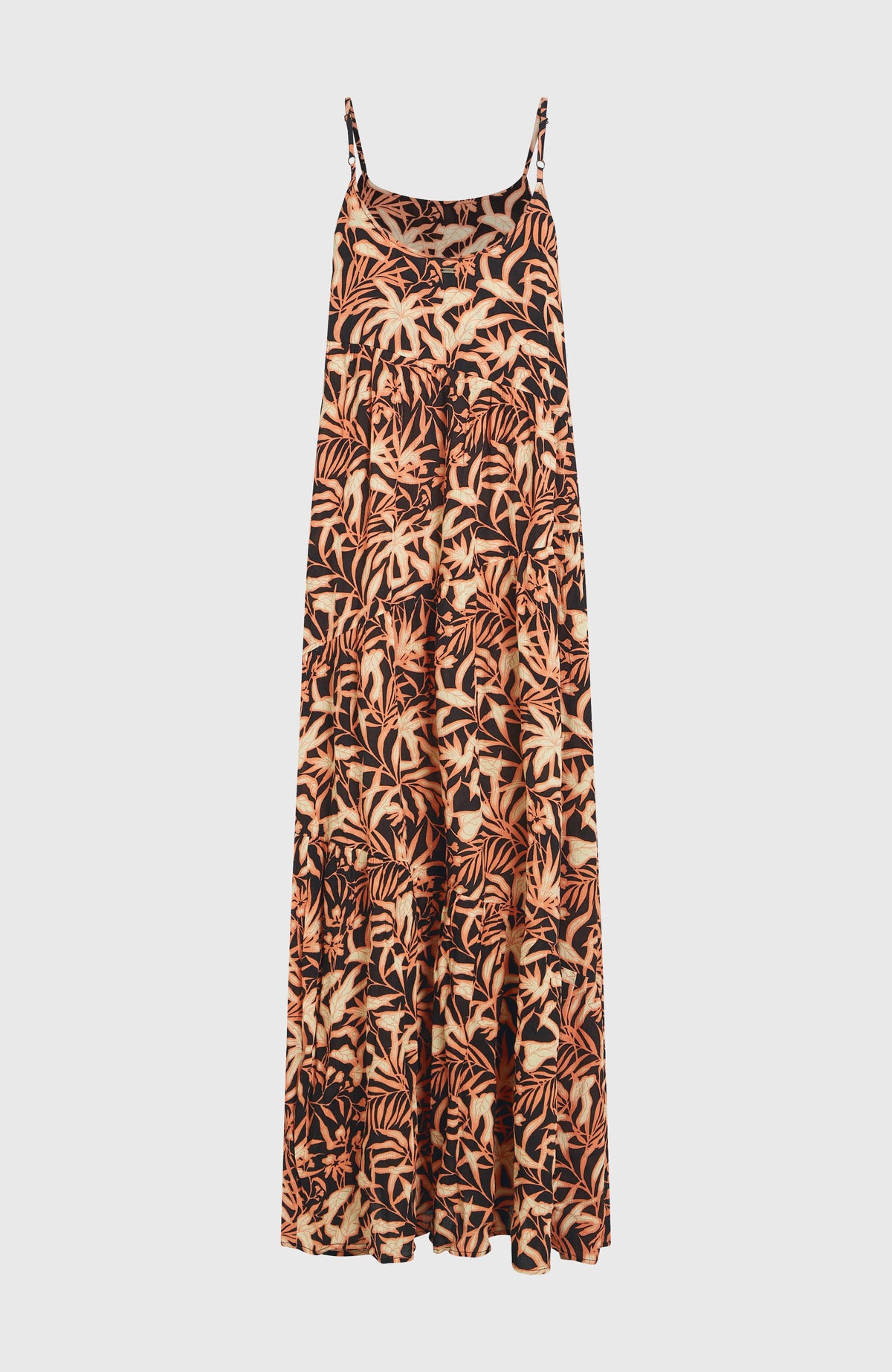 Devyn Maxikleid für Damen, schwarz mit Blättermuster in Orange und Beige, freigestellt von hinten