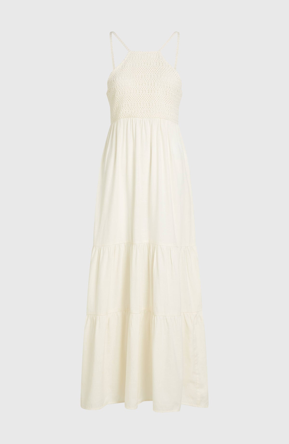 O'Riginals Maxikleid für Damen, weiß, freigestellt von vorne mit gehäkeltem Oberteil und gestuftem Rock