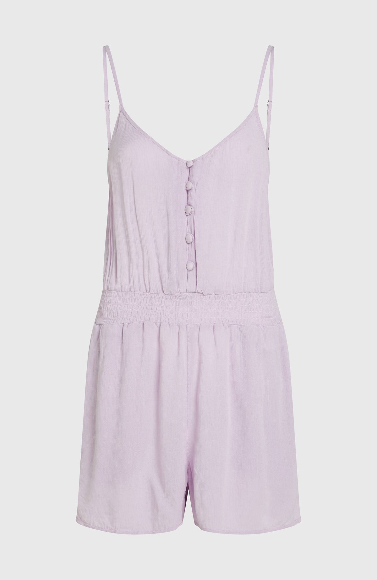 Romper mit Knöpfen und schmalen Trägern für Damen, lila, freigestellt von vorne mit elastischem Smokbund