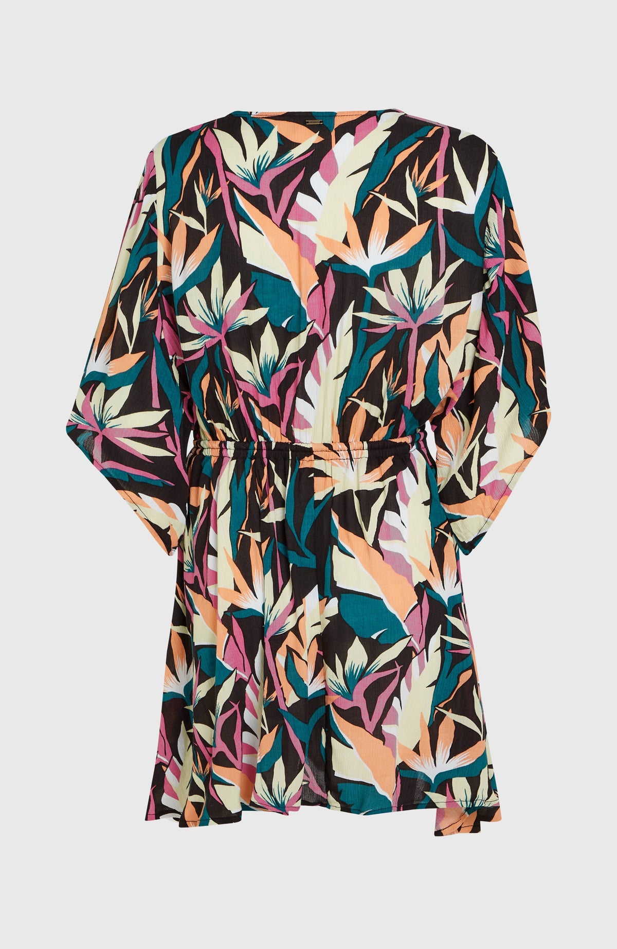 Essentials Tokeena Cover Up Kleid für Damen, schwarz mit Blattmuster in Rosa und Grün, freigestellt von hinten