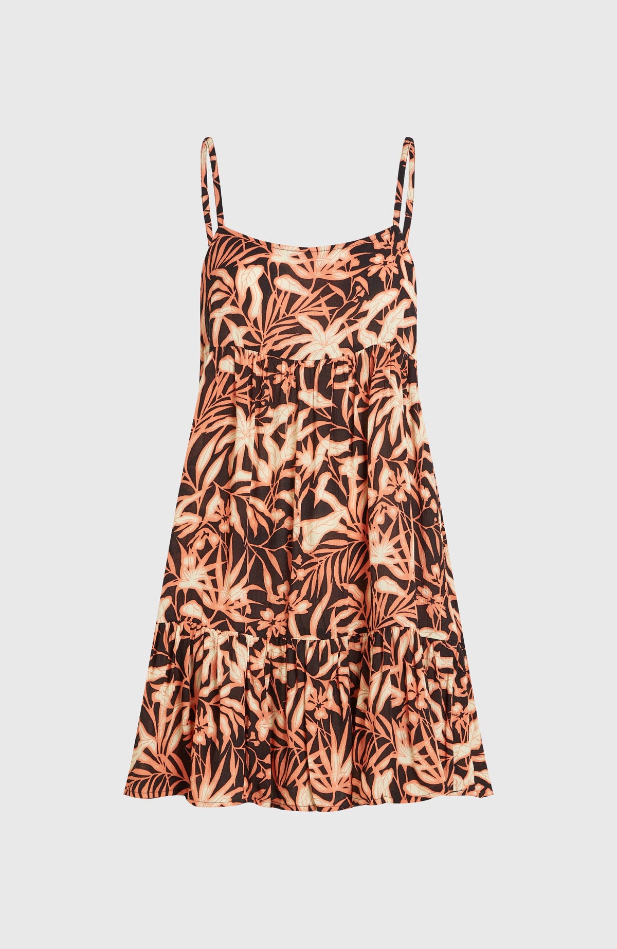 Rilee Kurzkleid für Damen, schwarz mit Blättermuster in Orange, freigestellt von vorne mit Stufenrock