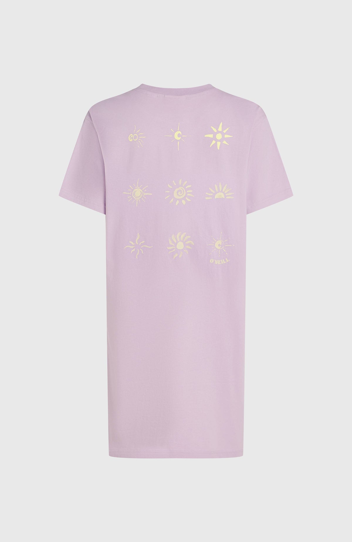 Women of the Wave T-Shirt-Kleid für Damen, lila mit Sonnen-Print in Gelb, freigestellt von hinten