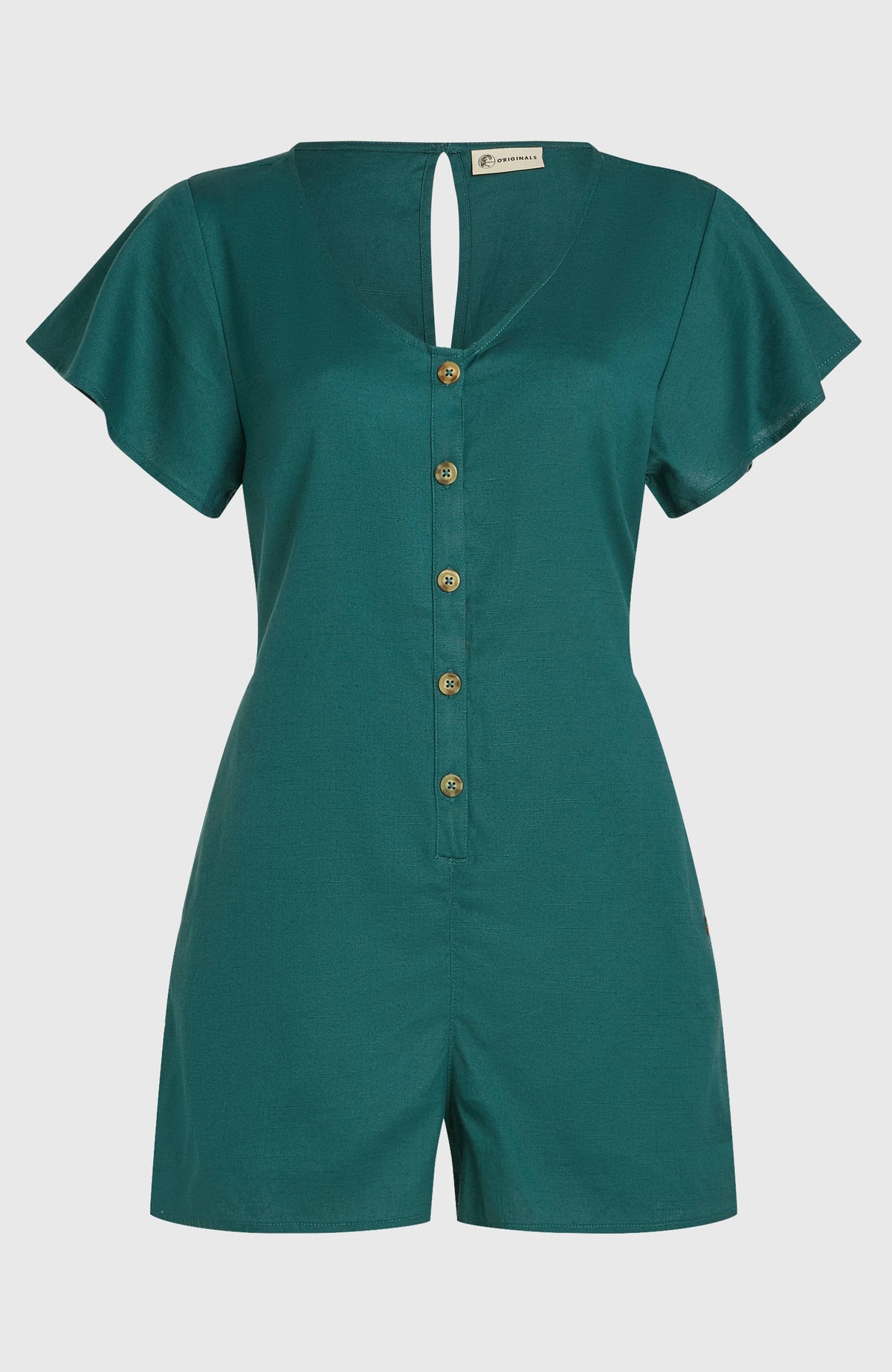 O'Riginals Playsuit für Damen, grün, freigestellt von vorne mit V-Ausschnitt, kurzer Knopfleiste und Flatterärmeln