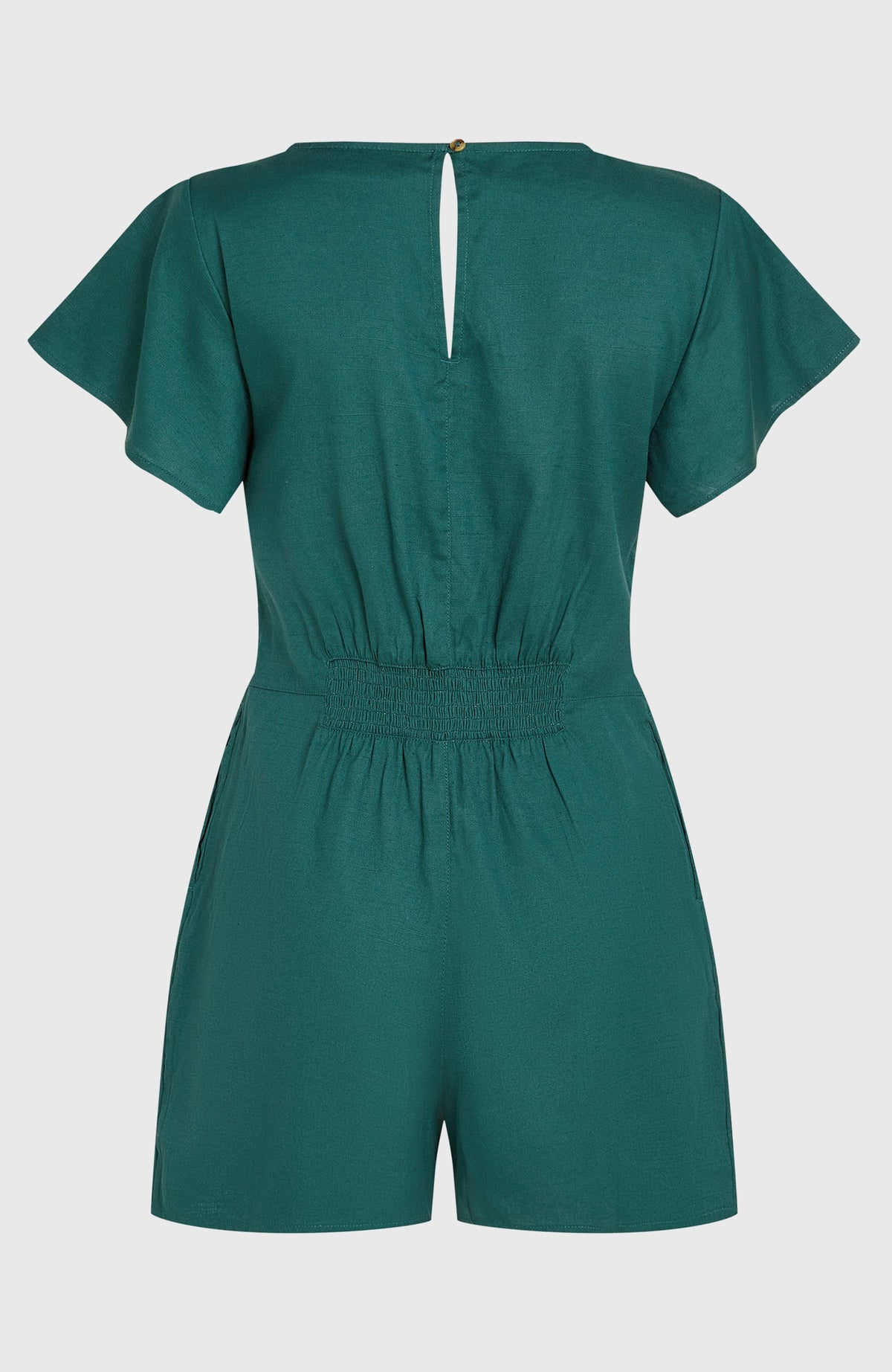 O'Riginals Playsuit für Damen, grün, freigestellt von hinten mit elastischem Tailleneinsatz und Knopfverschluss