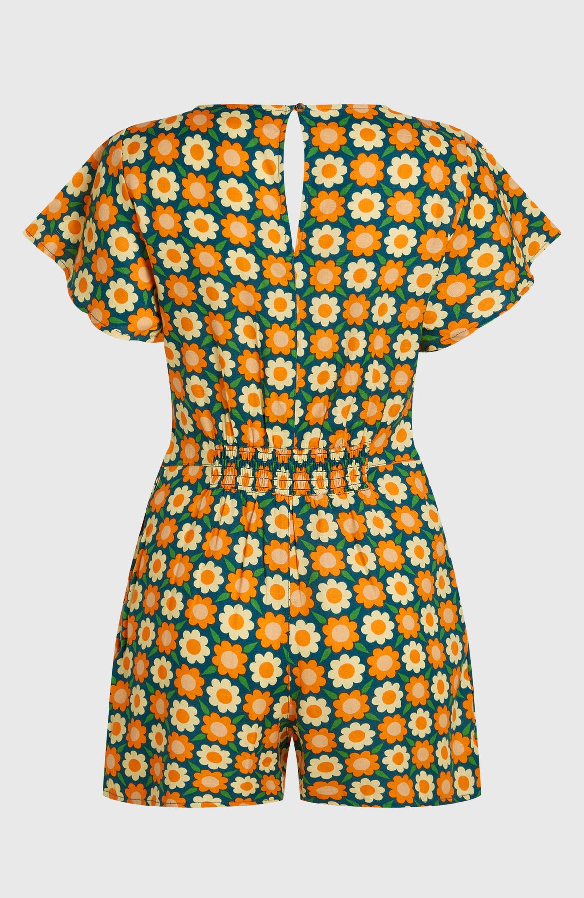 Grüner O'Riginals Playsuit für Damen mit Blumenmuster in Orange und Gelb, freigestellt von hinten mit Cut-out