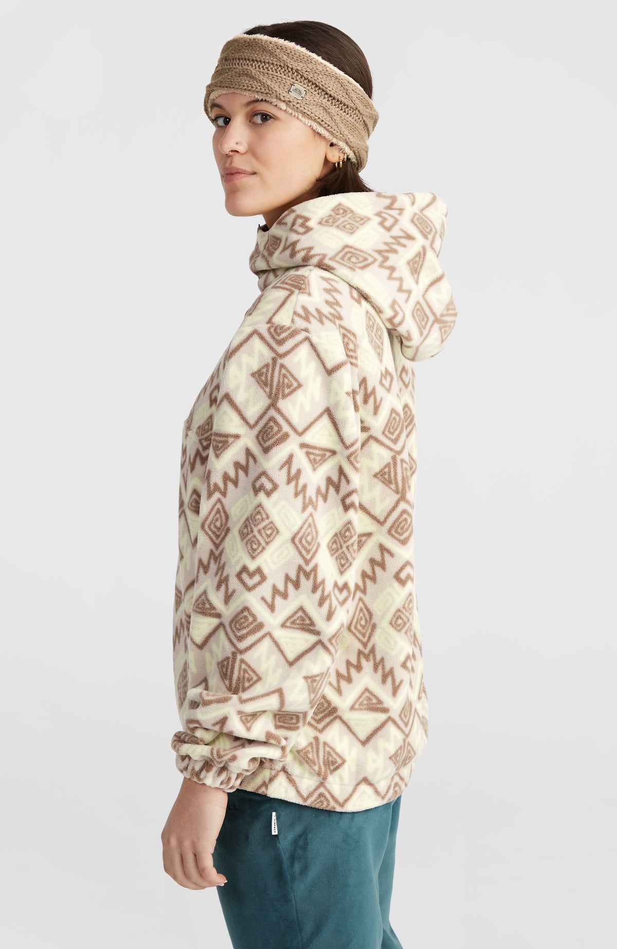 Superfleece Hoodie mit Halbreißverschluss | Grey Retro Ikat