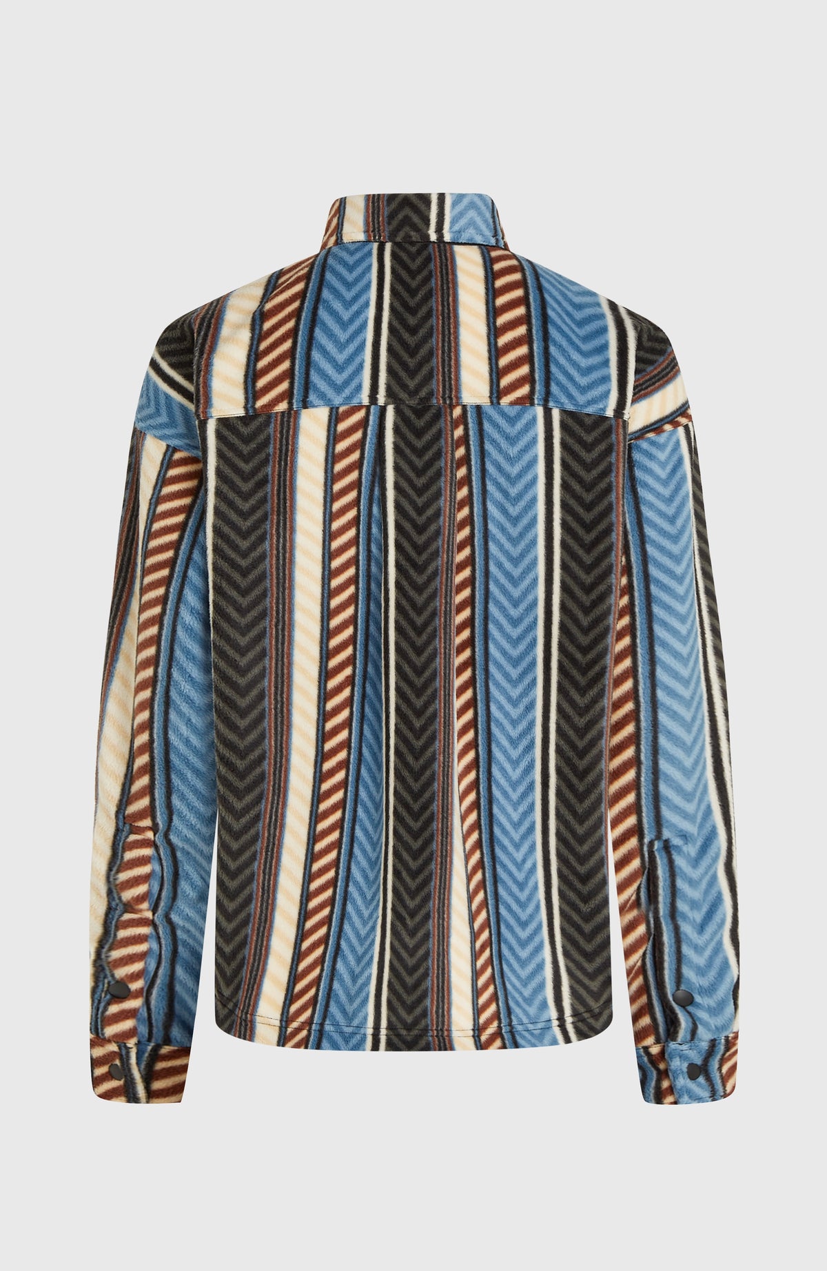 O'Riginals Superfleece Hemd für Damen, blau mit Streifenmuster in Braun und Beige, freigestellt von hinten