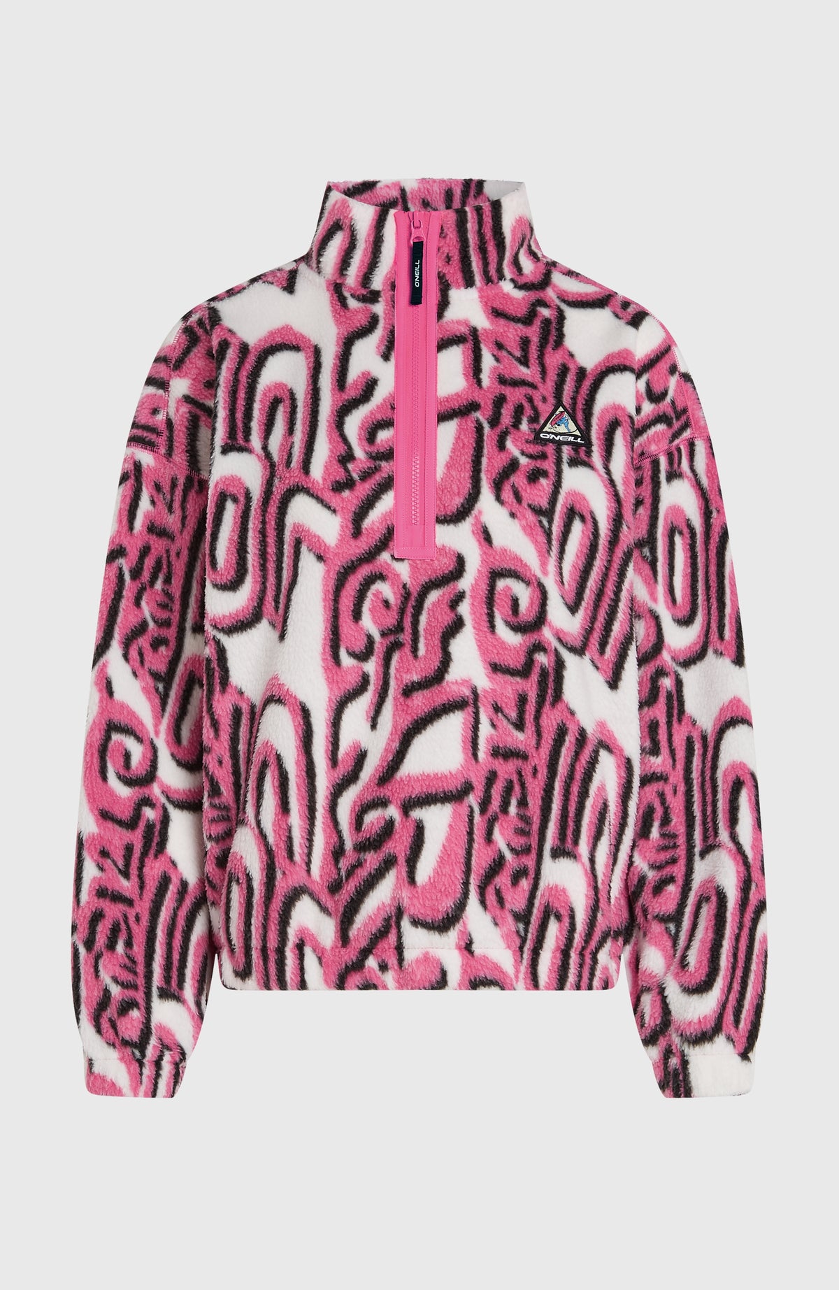 FWC'Play Hyperfleece Pullover für Damen, weiß mit Grafikmuster in Pink und Schwarz, freigestellt von vorne