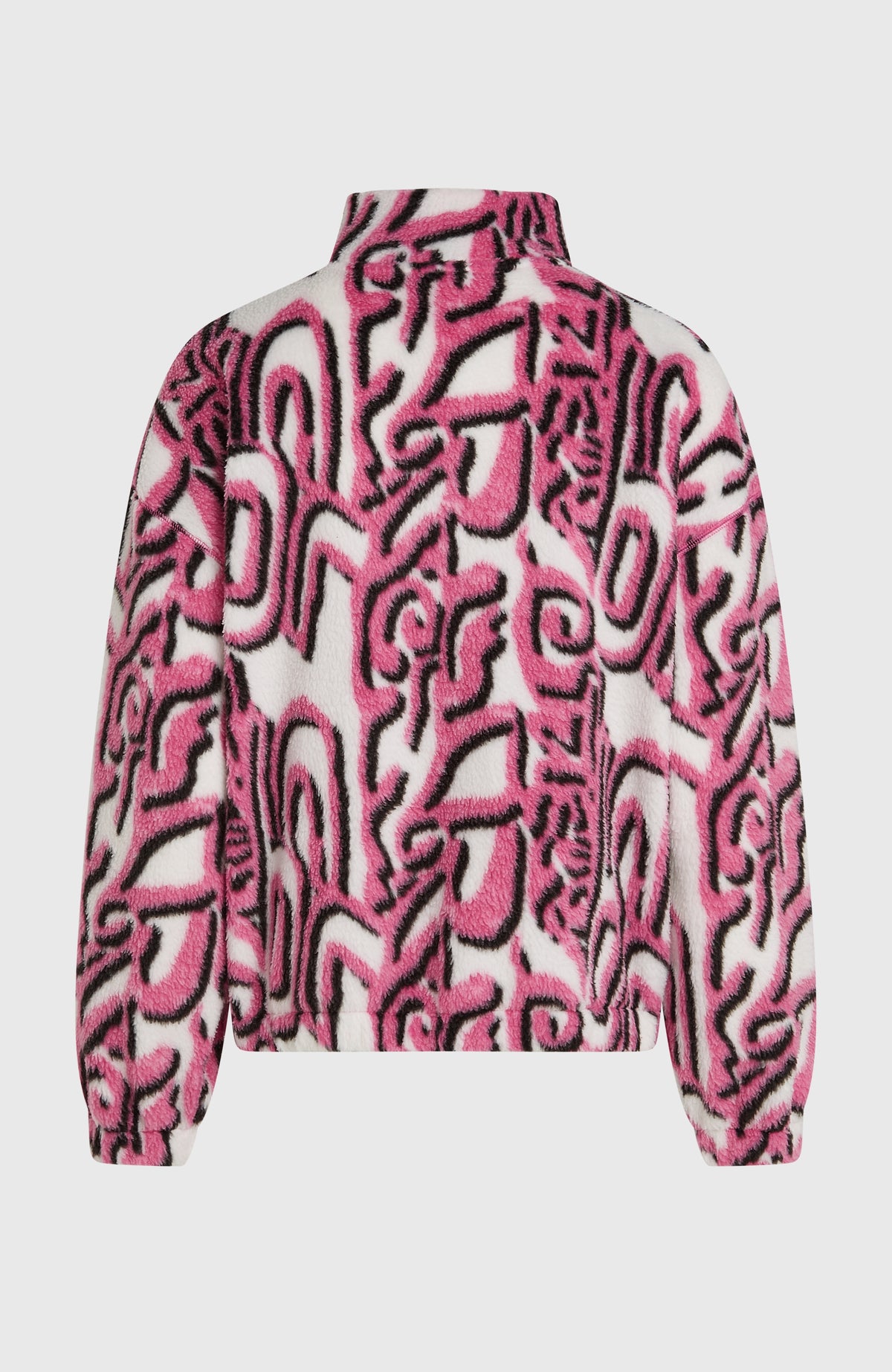 FWC'Play Hyperfleece Pullover für Damen, weiß mit Grafikmuster in Pink und Schwarz, freigestellt von hinten