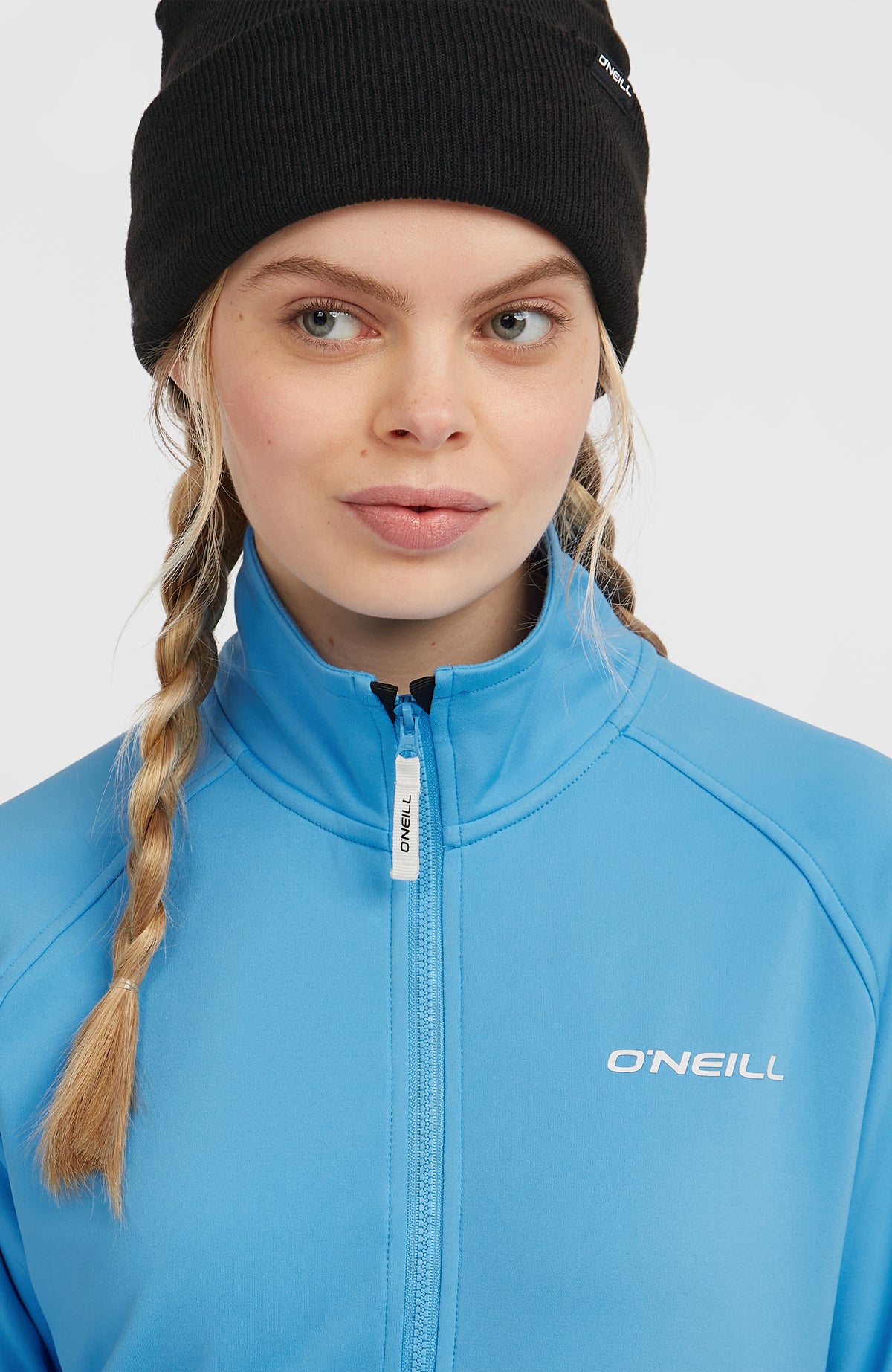 FWC'Cruz Fleecepullover für Damen, blau, Nahaufnahme von Stehkragen und kurzem Reißverschluss
