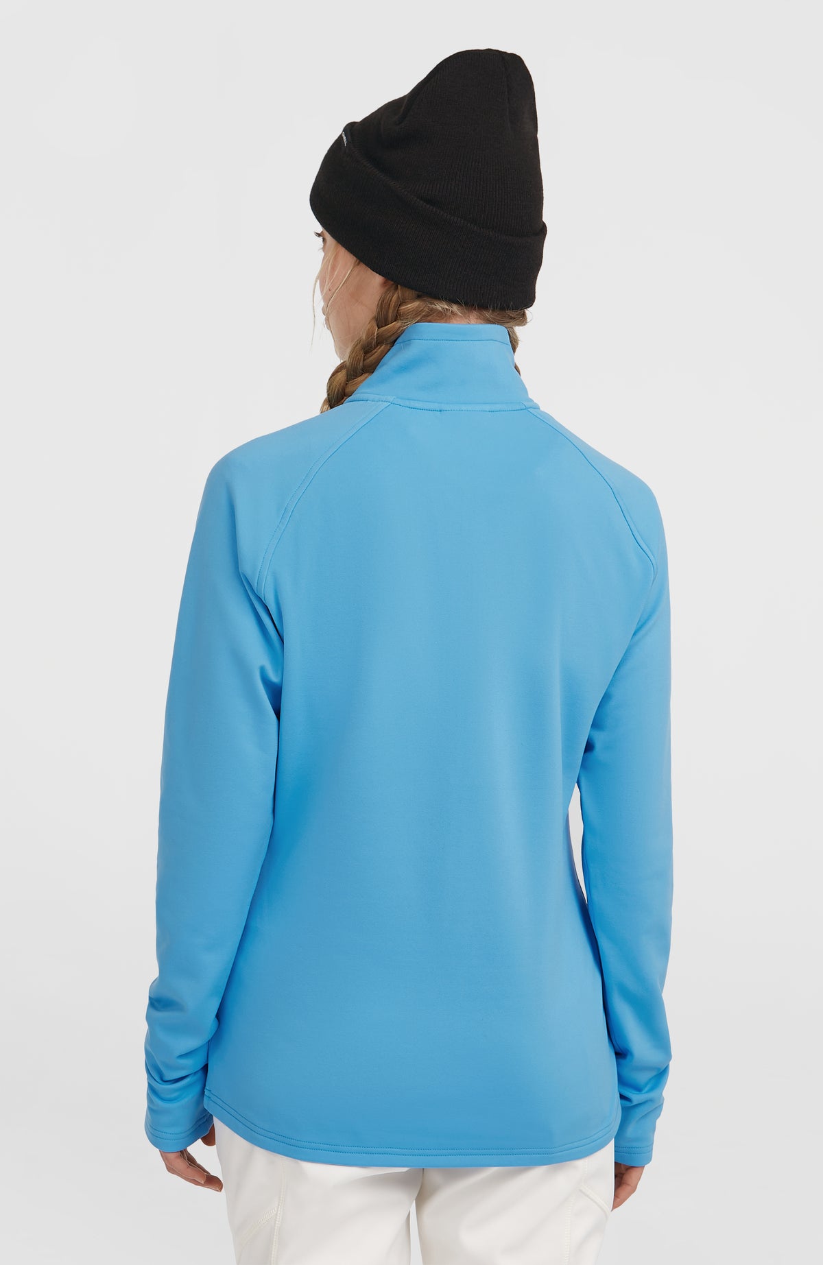 FWC'Cruz Fleecepullover für Damen, blau, Rückansicht am Model mit Stehkragen und Raglanärmeln