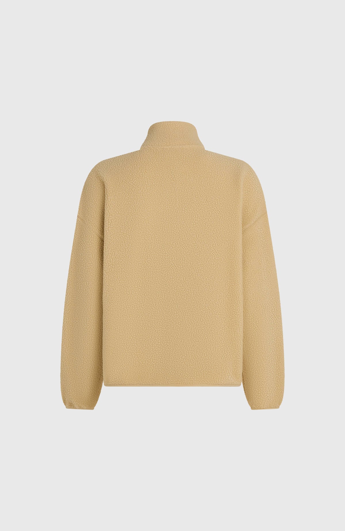 Flauschige Must-Have Fleecejacke für Damen, beige, freigestellt von hinten mit Stehkragen und Saumblende