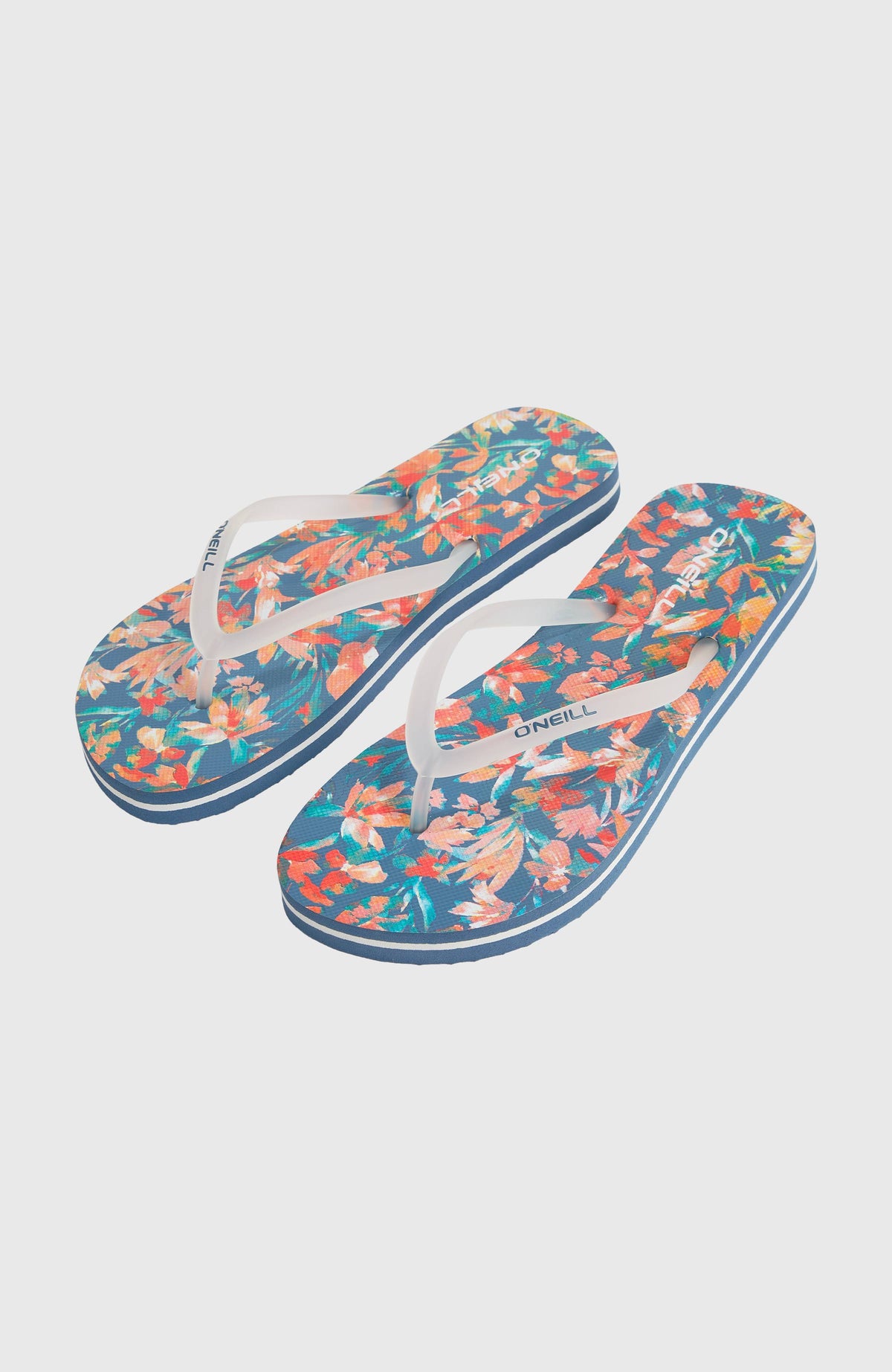 O'Neill Profile Graphic Sandalen für Damen, blau mit Blumenmuster in Orange, freigestellt von schräg oben