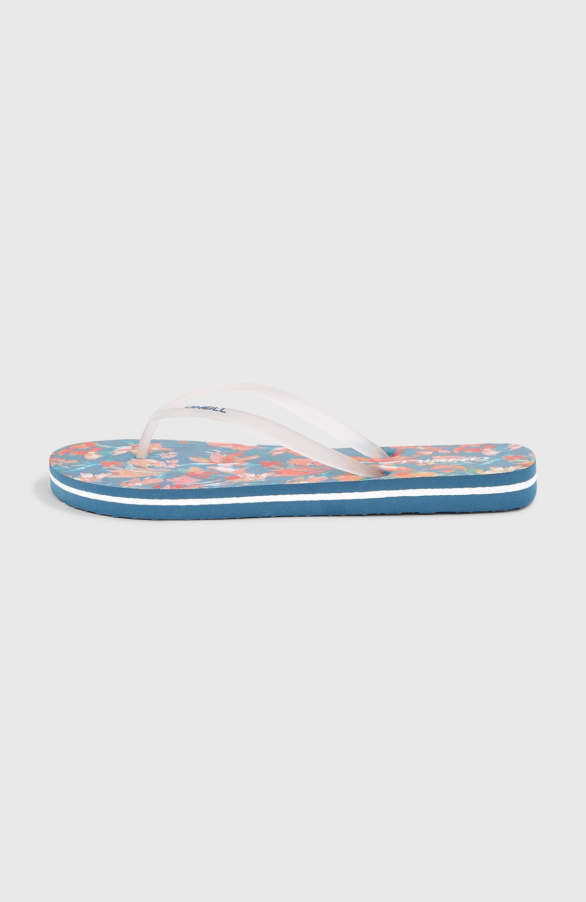 Profile Graphic Sandalen für Damen, blau mit Blumenmuster in Orange, freigestellt in der Seitenansicht