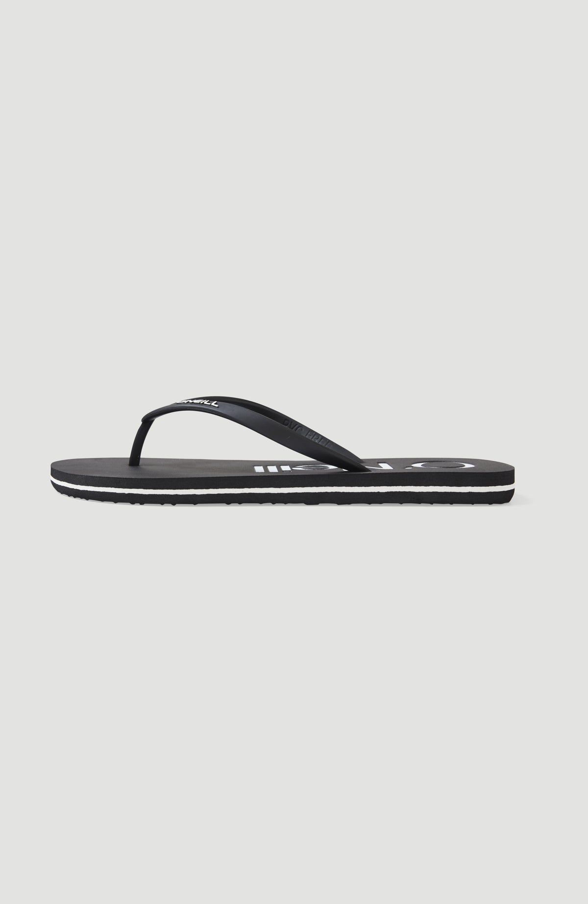 Profile Logo Sandalen für Damen, schwarz mit Logo-Print in Weiß, freigestellt in der Profil-Seitenansicht