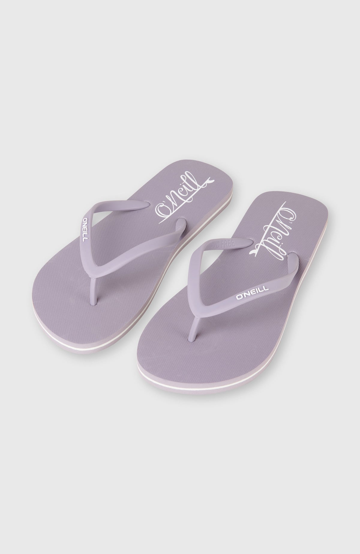 O'Neill Profile Script Logo Sandalen für Damen, lila mit Logo-Print in Weiß, freigestellt von schräg oben