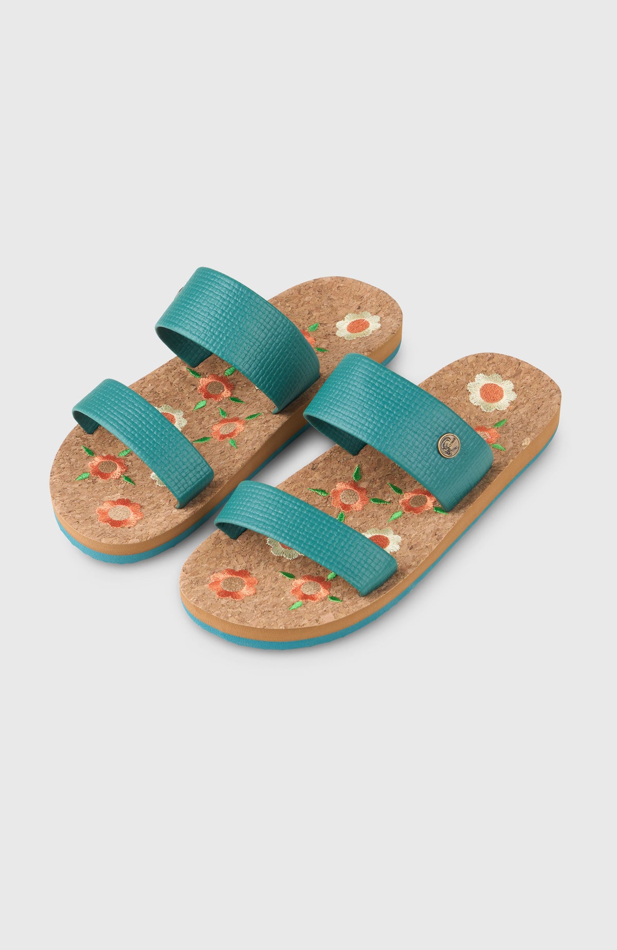 O'Neill O'Riginals Slides für Damen, grün mit Blumenmuster in Orange und Weiß, freigestellt von schräg oben