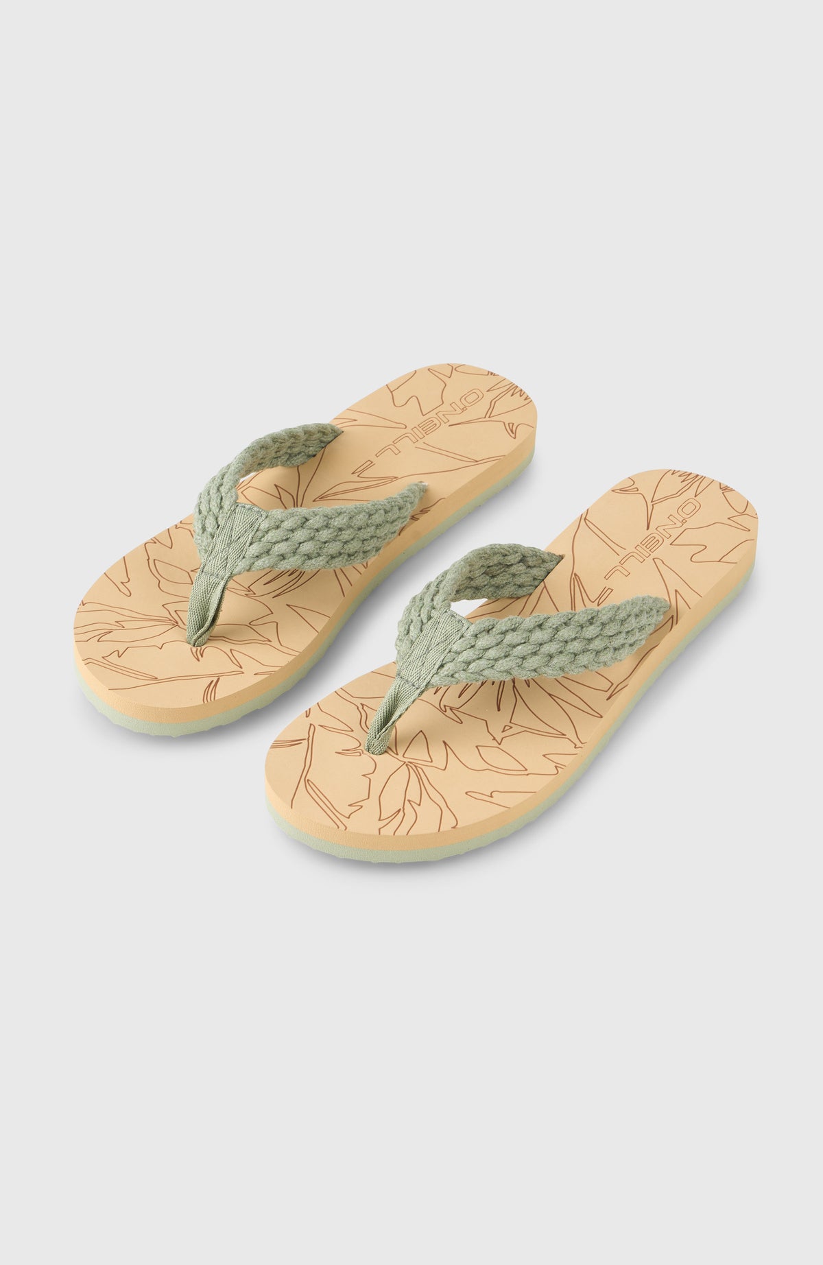 O'Neill Sandalen mit floralem Print für Damen, grün, freigestellt von schräg oben, Paar mit geflochtenen Riemen