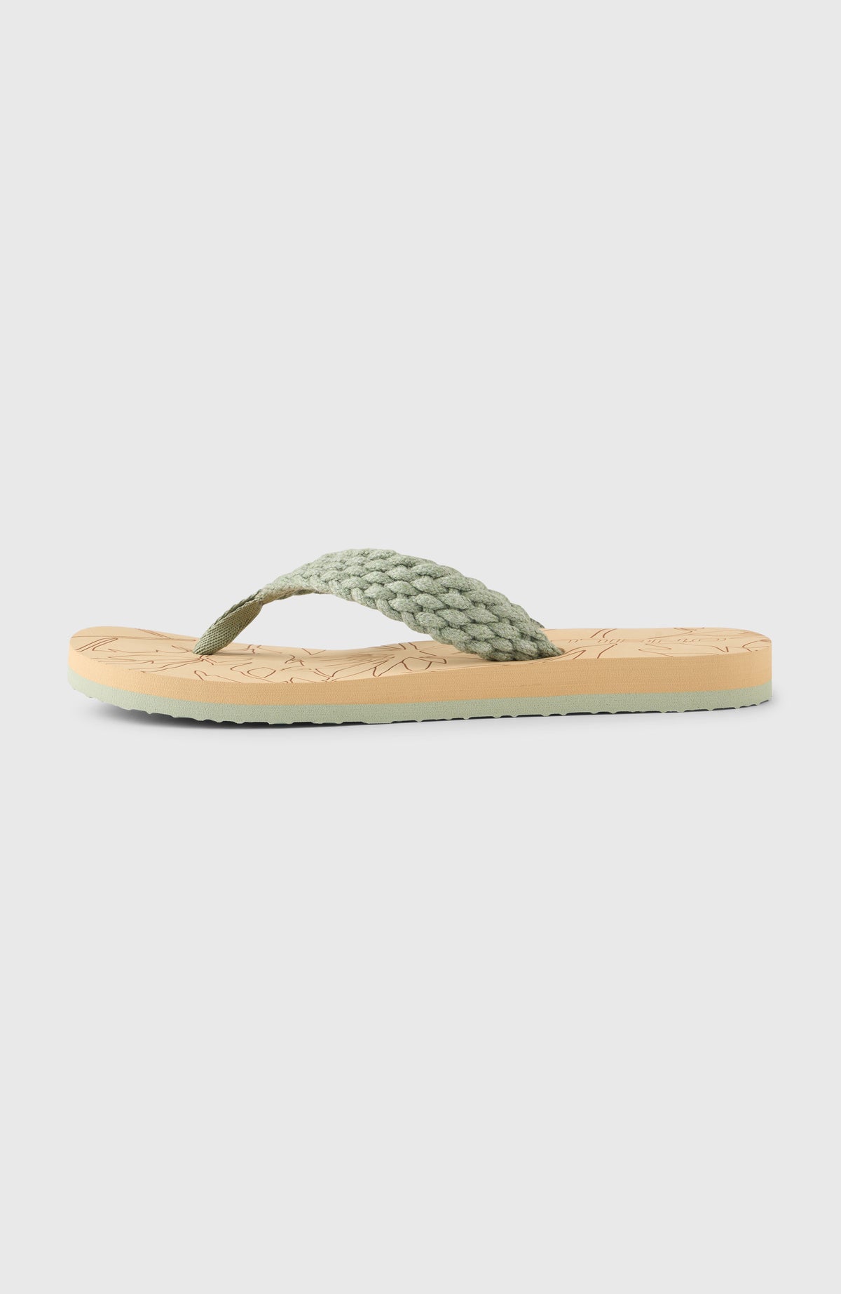 Sandalen mit floralem Print für Damen, grün, freigestellt von der Seite, flache Sohle mit Zehensteg