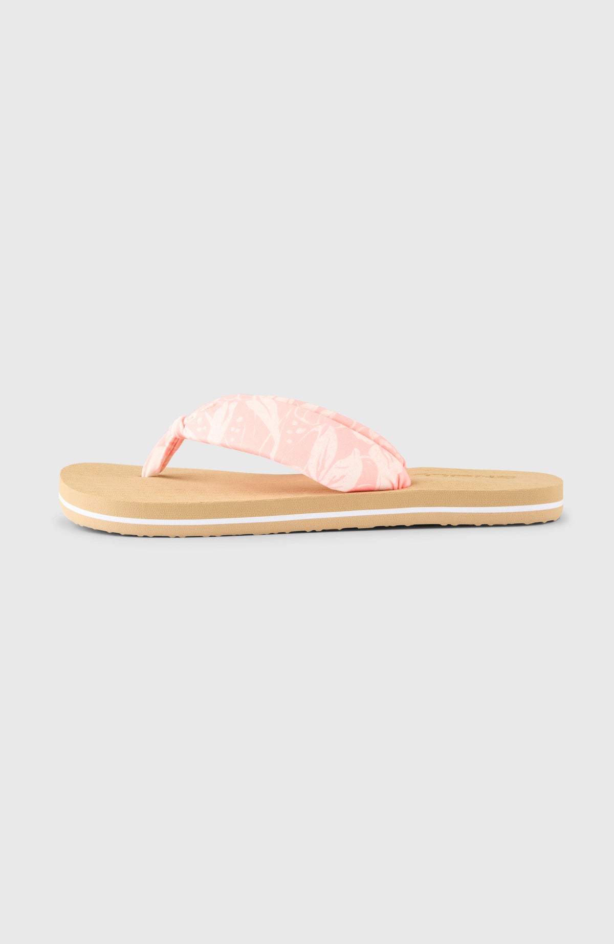 Ditsy Sun Sandalen für Damen, orange mit Blumenmuster in Weiß, freigestellt von der Seite mit flacher Sohle