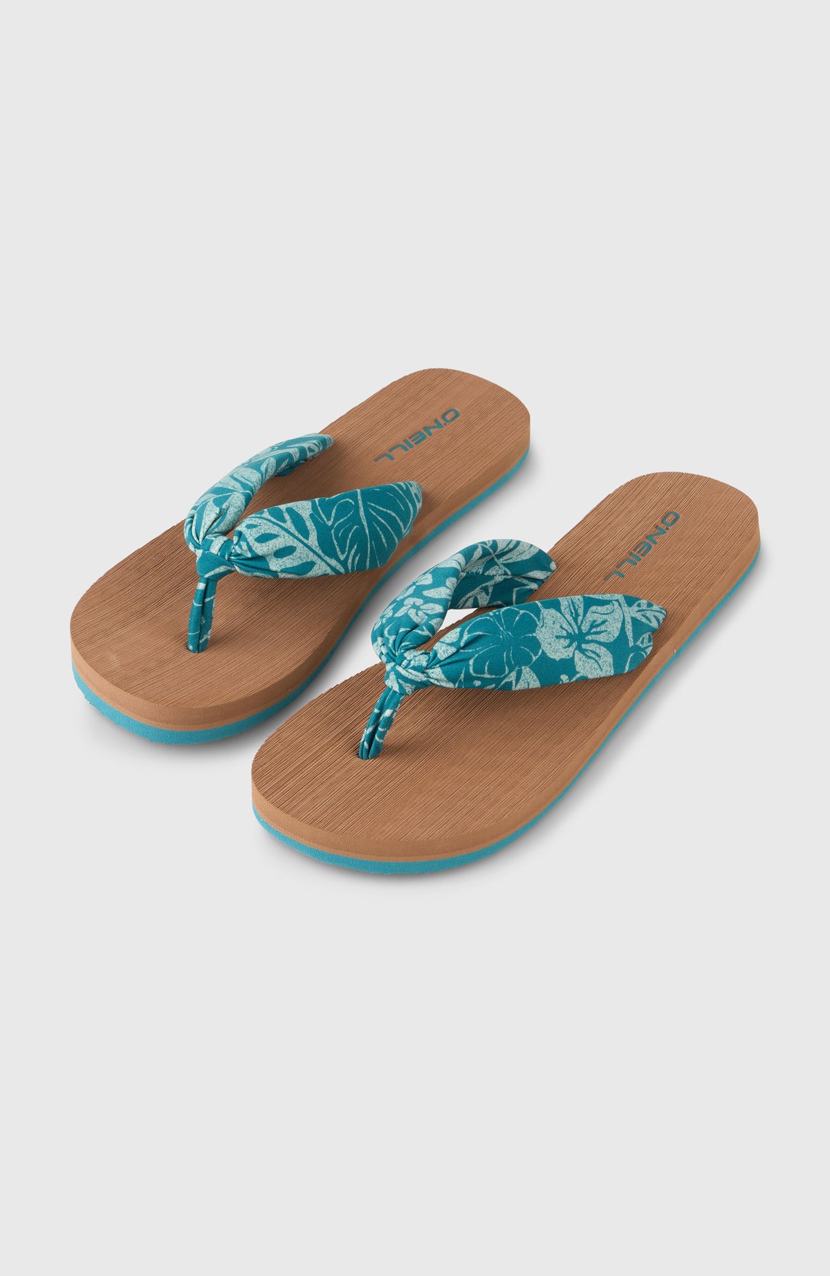 O'Neill Ditsy Sun Sandalen für Damen, grün mit Blumenmuster in Weiß, freigestellt von schräg oben