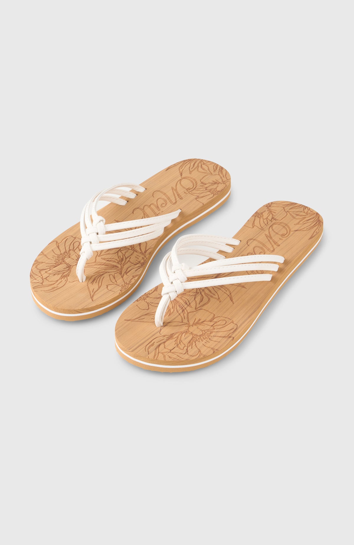 O'Neill Ditsy Sandalen für Damen, weiß mit Blumenmuster in Braun, freigestellt von schräg oben