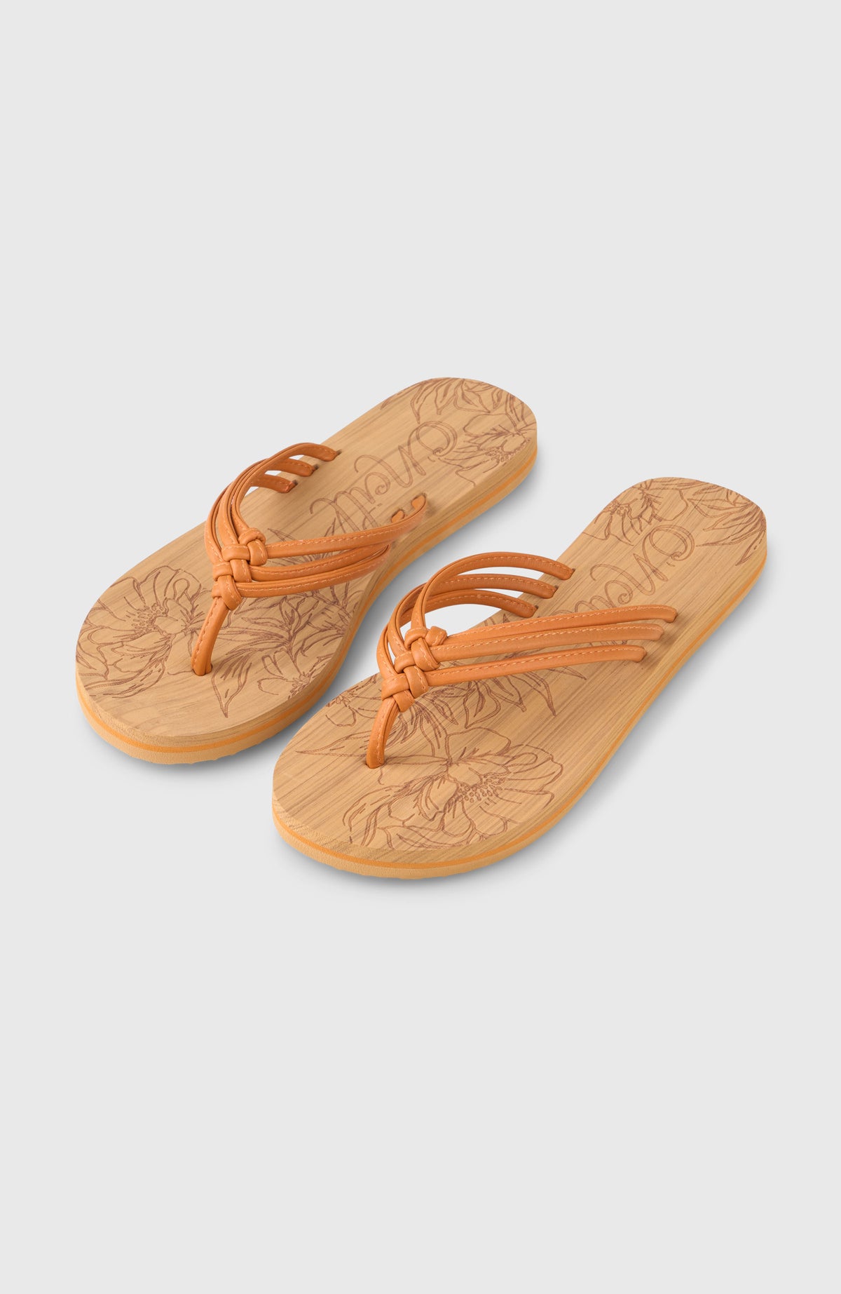 O'Neill Ditsy Sandalen für Damen, orange mit Blumenmuster in Braun, freigestellt von schräg oben