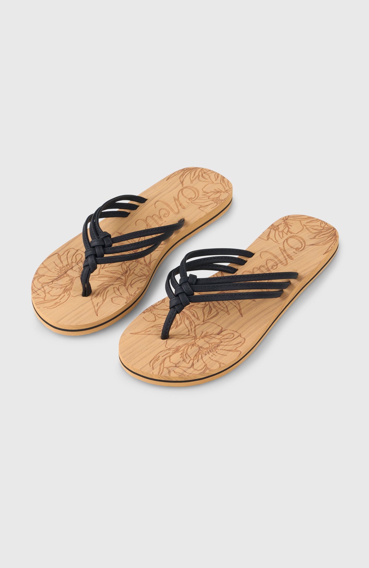 O'Neill Ditsy Sandalen für Damen, schwarz, freigestellt von schräg oben mit verziertem Fußbett
