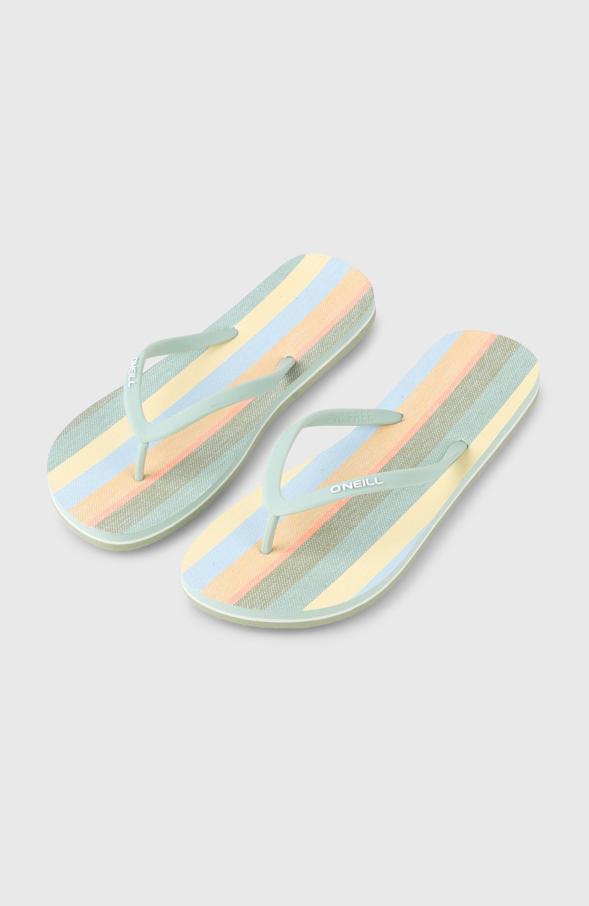 O'Neill Profile Graphic Sandalen für Damen, gelb mit Streifenmuster in Blau und Grün, freigestellt von schräg oben