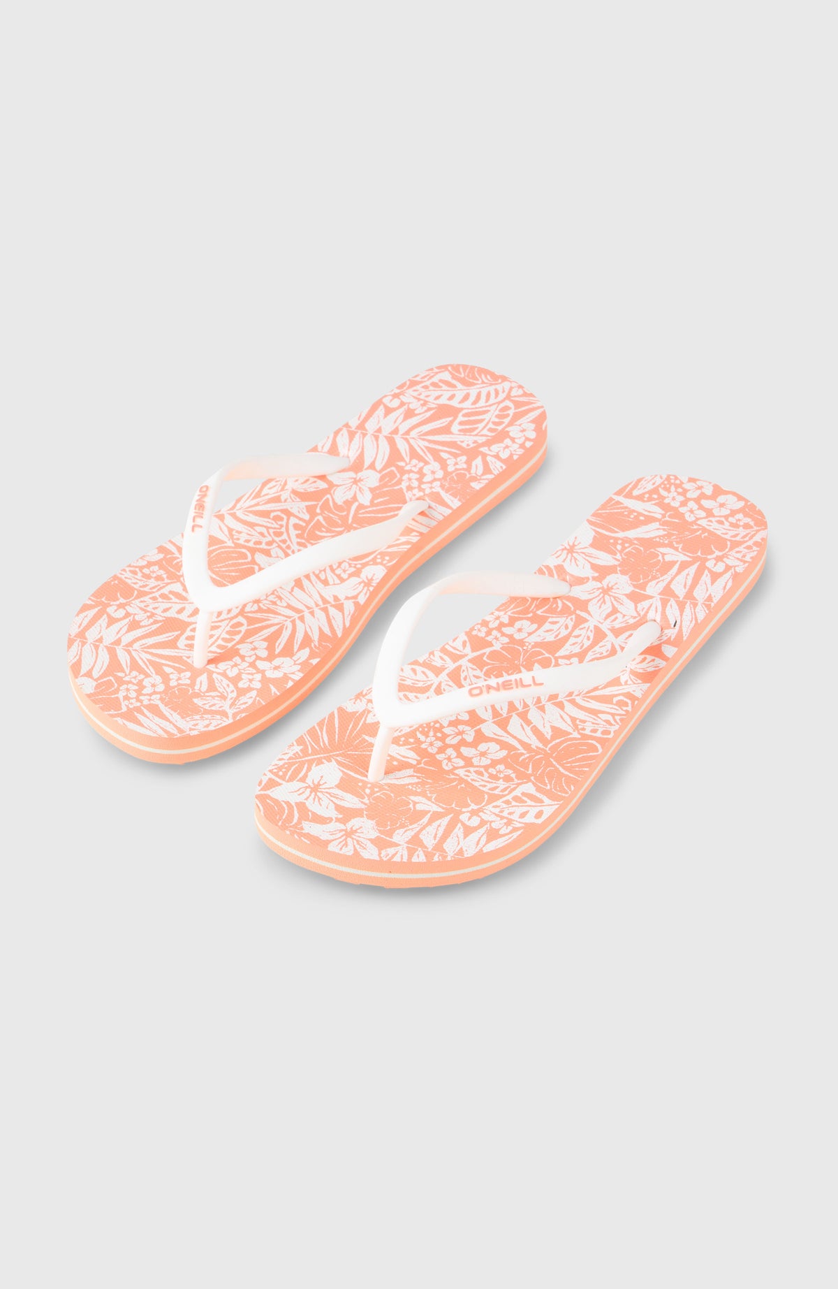 O'Neill Profile Graphic Sandalen für Damen, orange mit Blumenmuster in Weiß, freigestellt von schräg oben