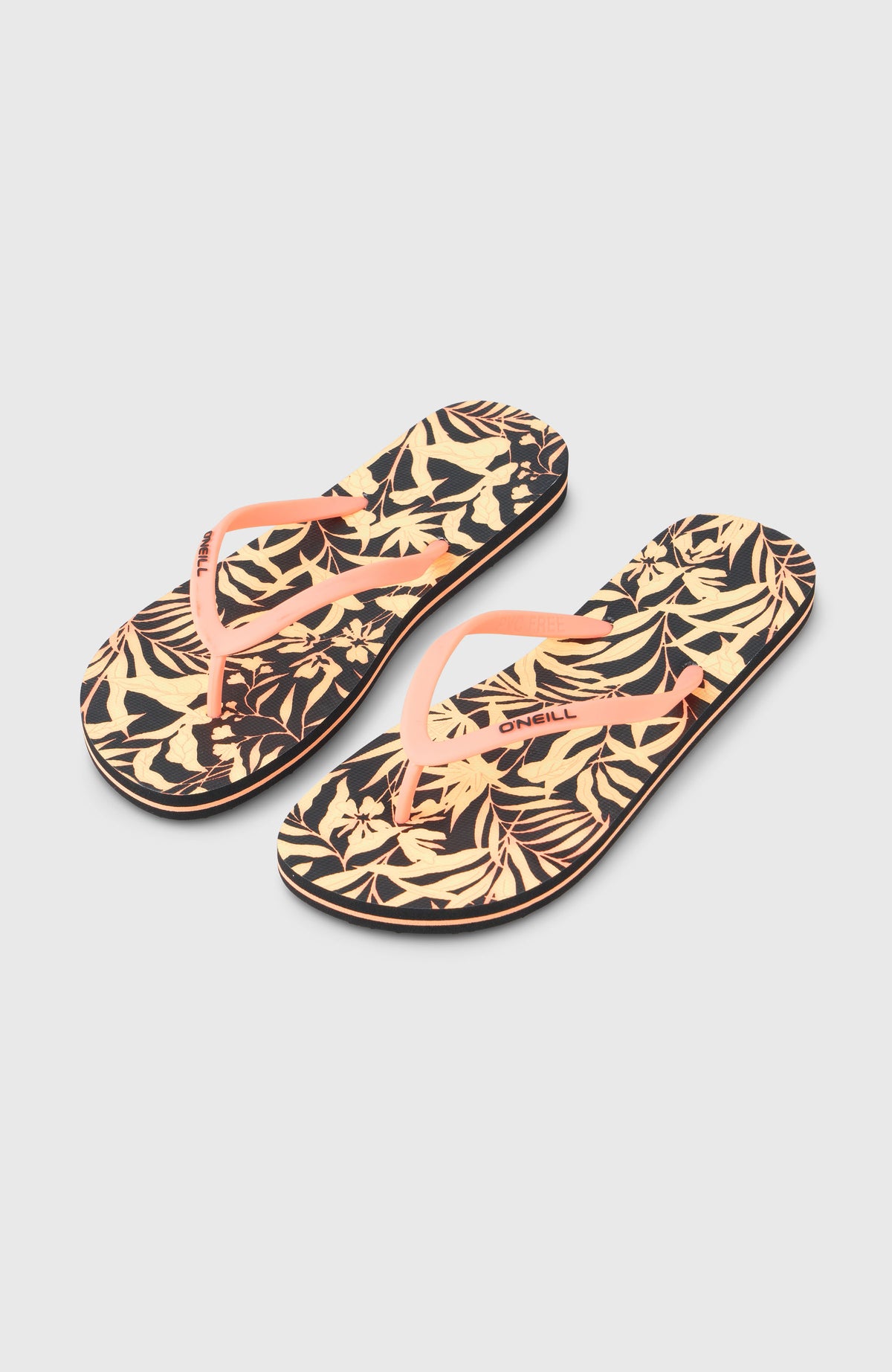 O'Neill Profile Graphic Sandalen für Damen, schwarz mit Pflanzenmuster in Orange, freigestellt von schräg oben